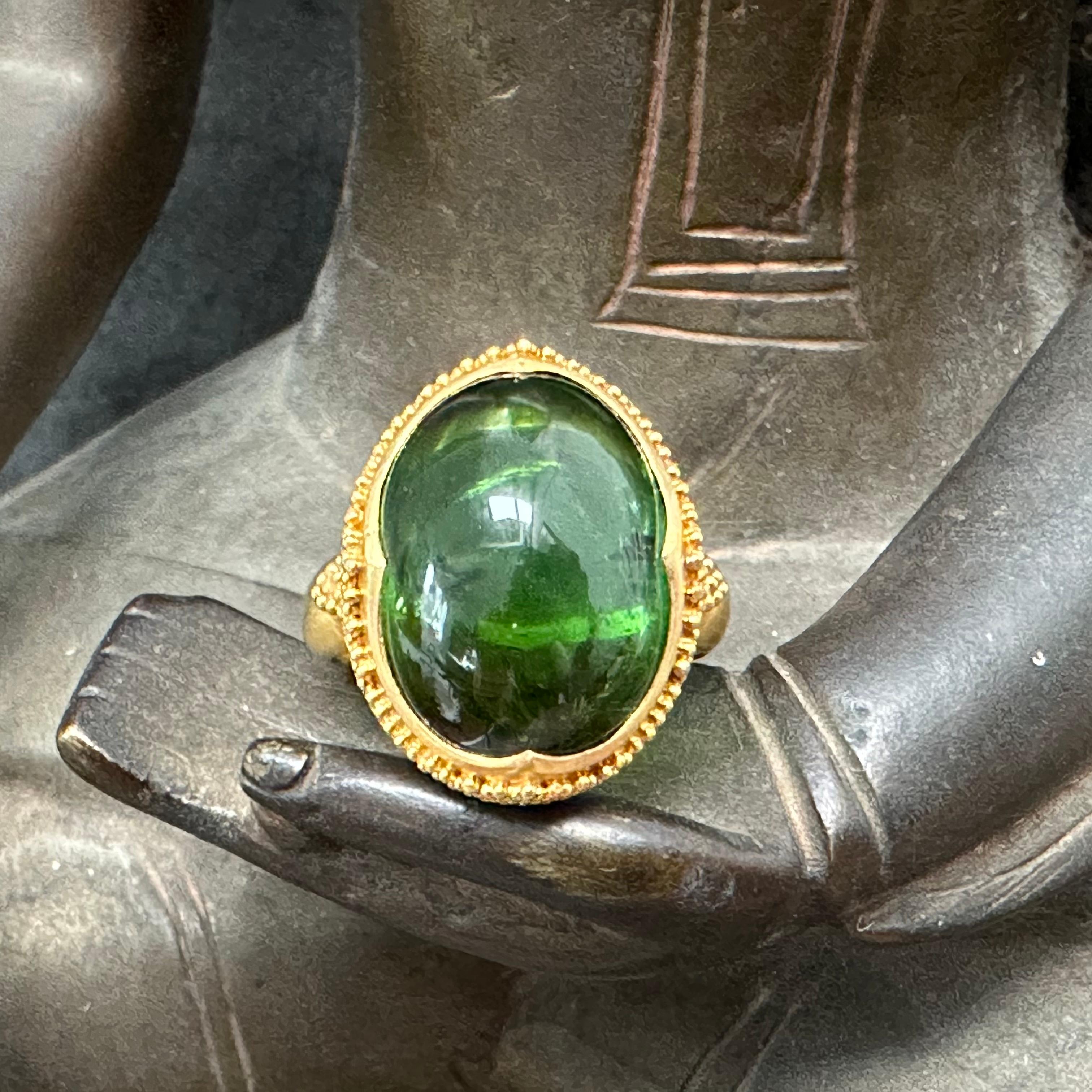16.0 Carats Cabochon Green Tourmaline 22k Gold Ring For Sale 1