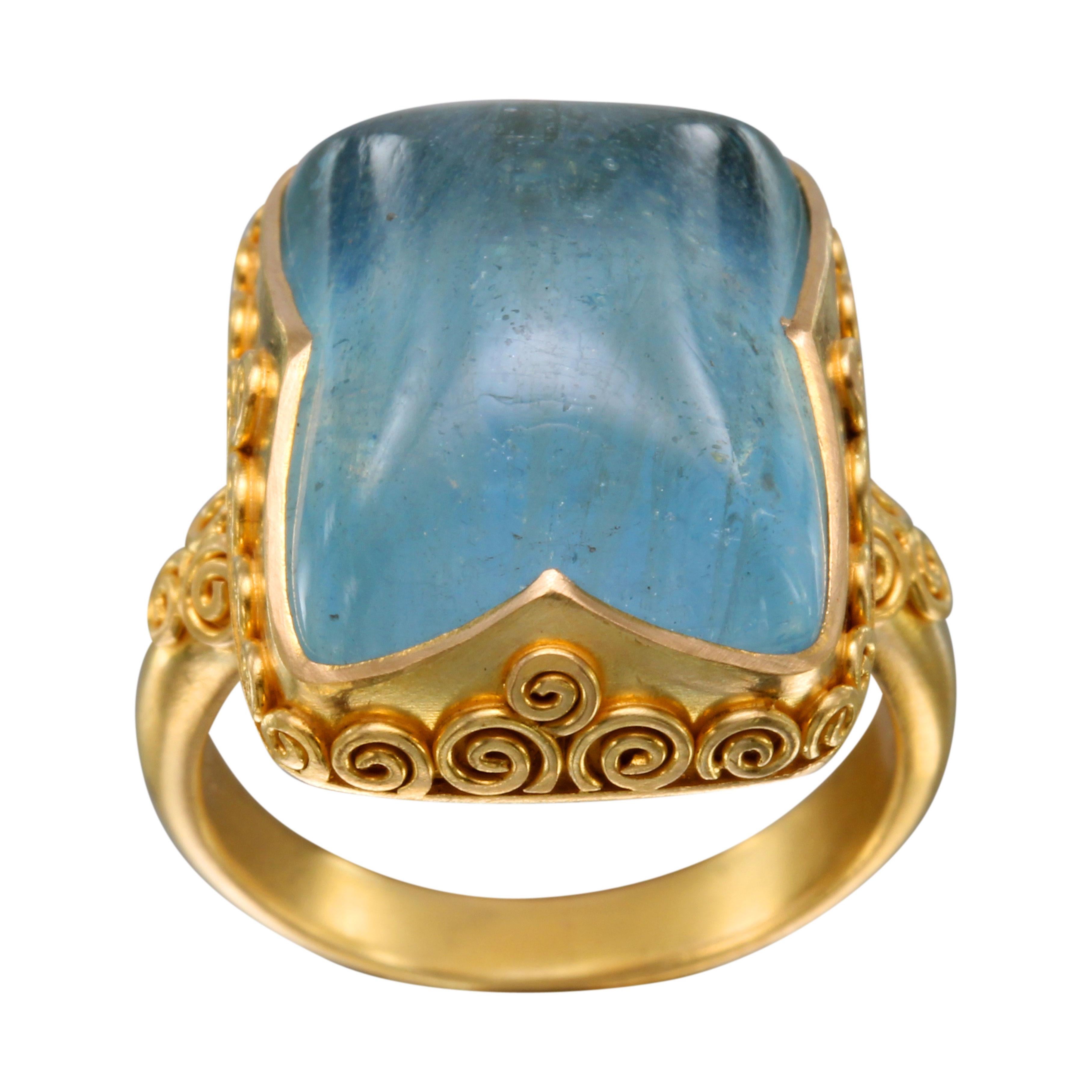 Steven Battelle 16.5 Carats Aquamarine Cabochon 18K Gold Ring For Sale 1