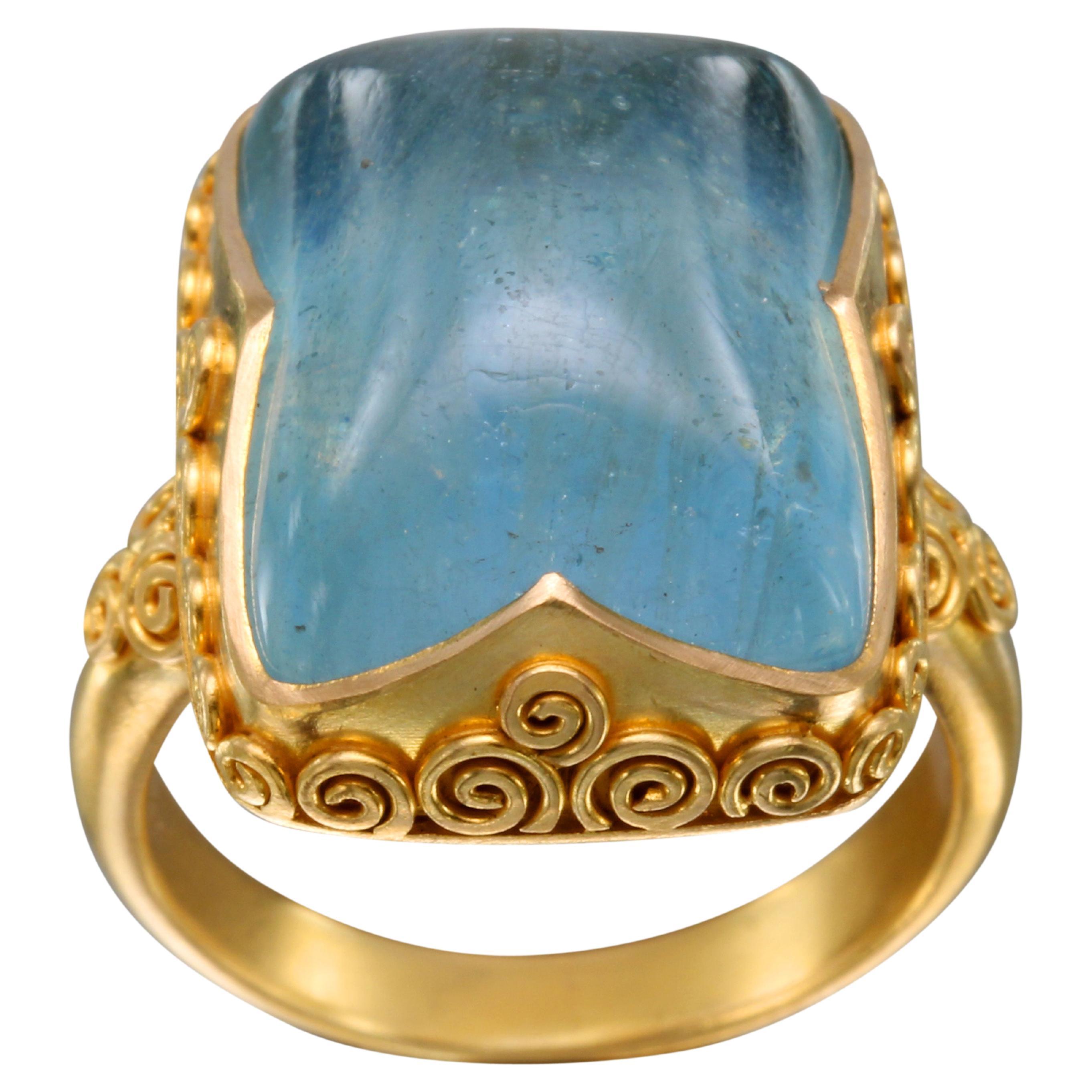 Steven Battelle 16.5 Carats Aquamarine Cabochon 18K Gold Ring For Sale