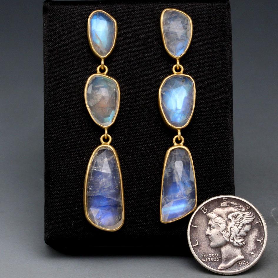 Steven Battelle 16.5 Carats Rose Cut Rainbow Moonstone 18K Gold Post Earrings For Sale 3