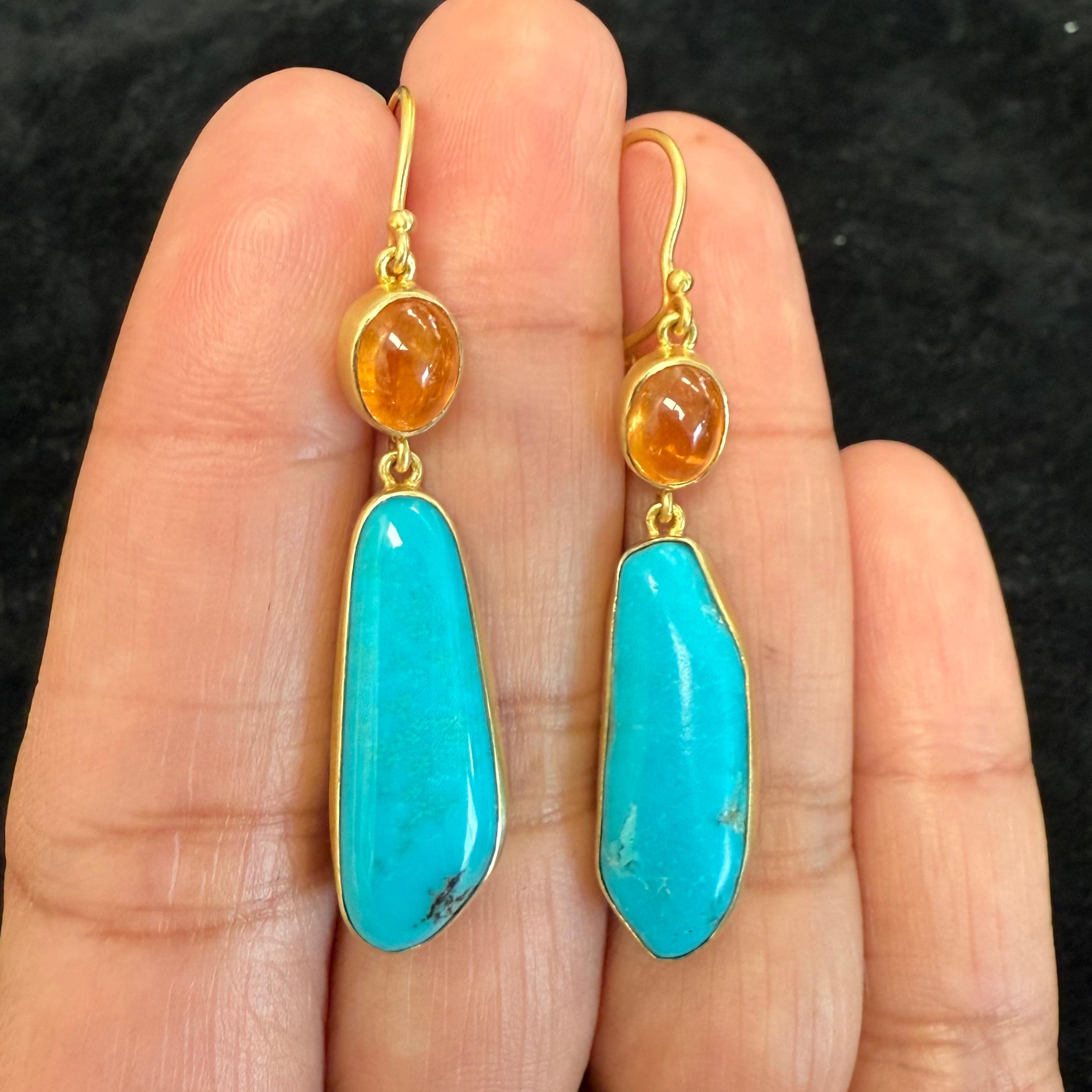 Steven Battelle 17.2 Carats Turquoise Spessartite 18K Gold Earrings For Sale 1