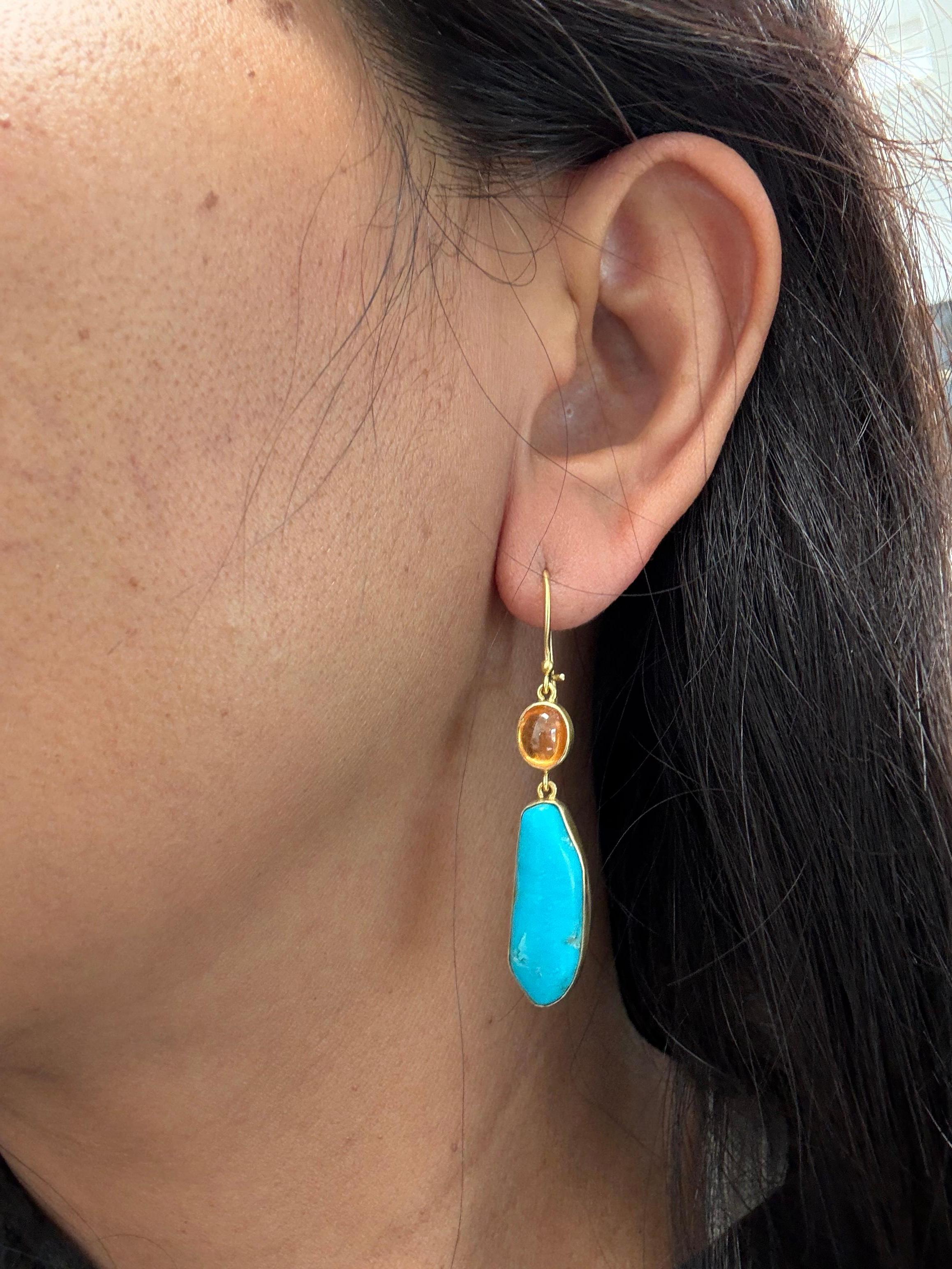 Steven Battelle 17.2 Carats Turquoise Spessartite 18K Gold Earrings For Sale 2