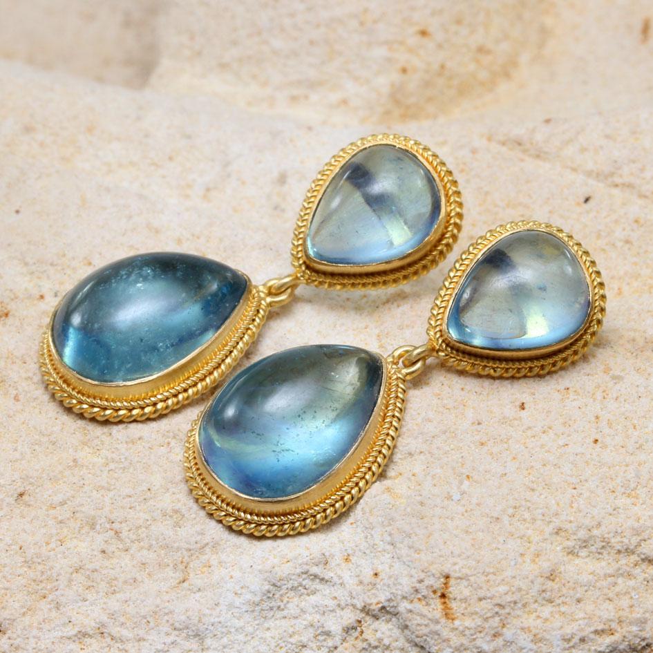 Women's or Men's Steven Battelle 17.3 Carats Cabochon Aquamarine 18K Gold Post Earrings For Sale
