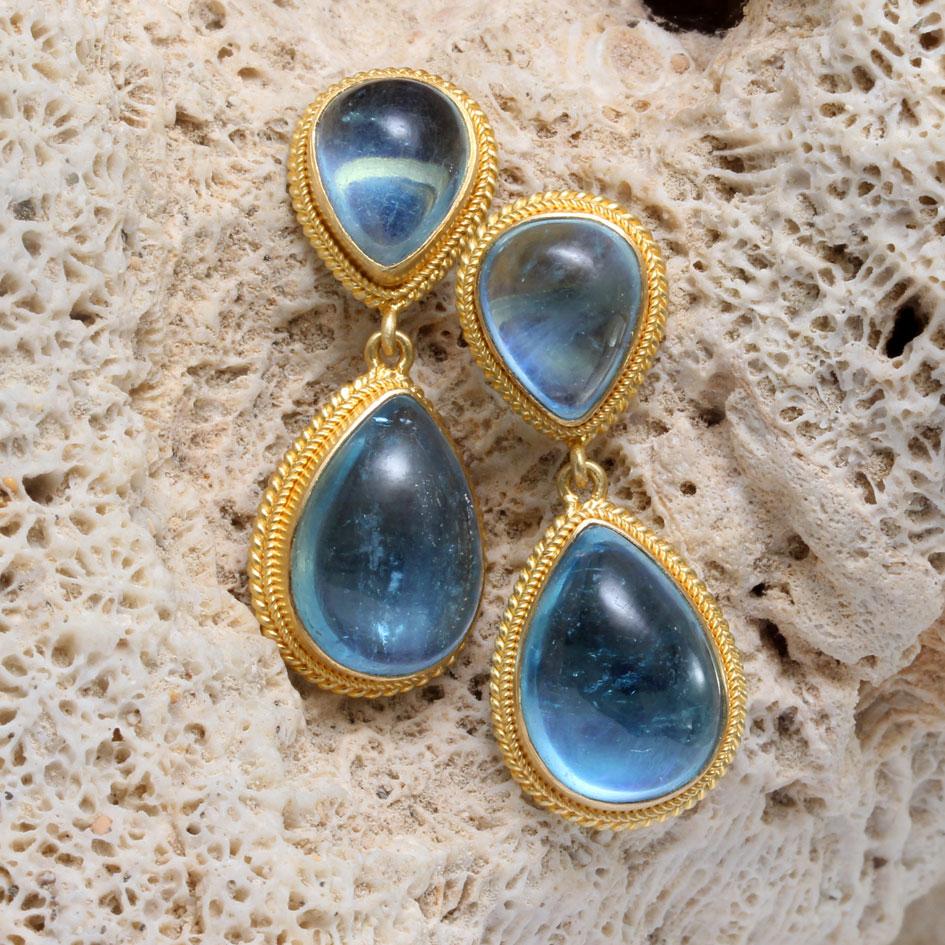 Steven Battelle 17.3 Carats Cabochon Aquamarine 18K Gold Post Earrings For Sale 1