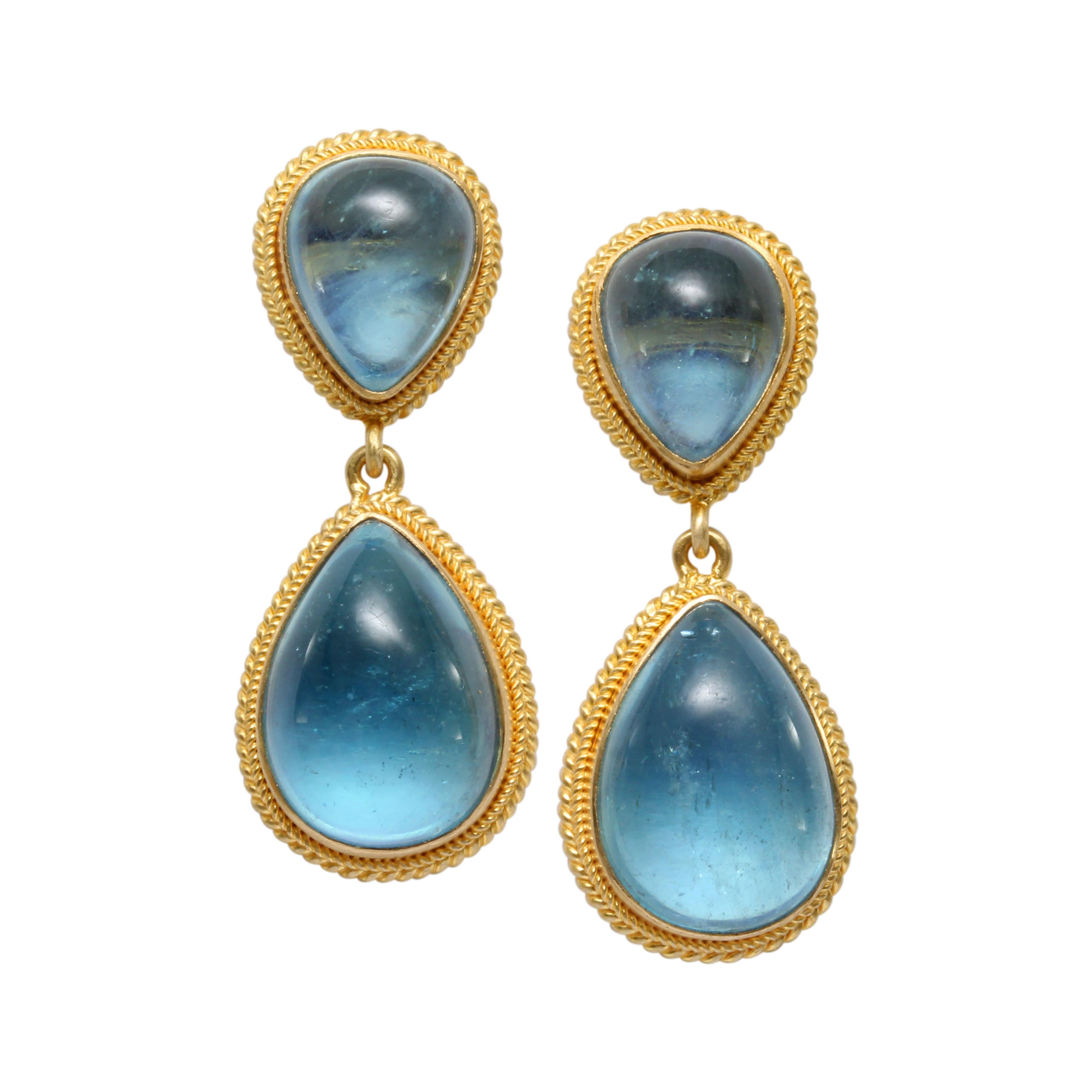 Steven Battelle 17.3 Carats Cabochon Aquamarine 18K Gold Post Earrings For Sale 2