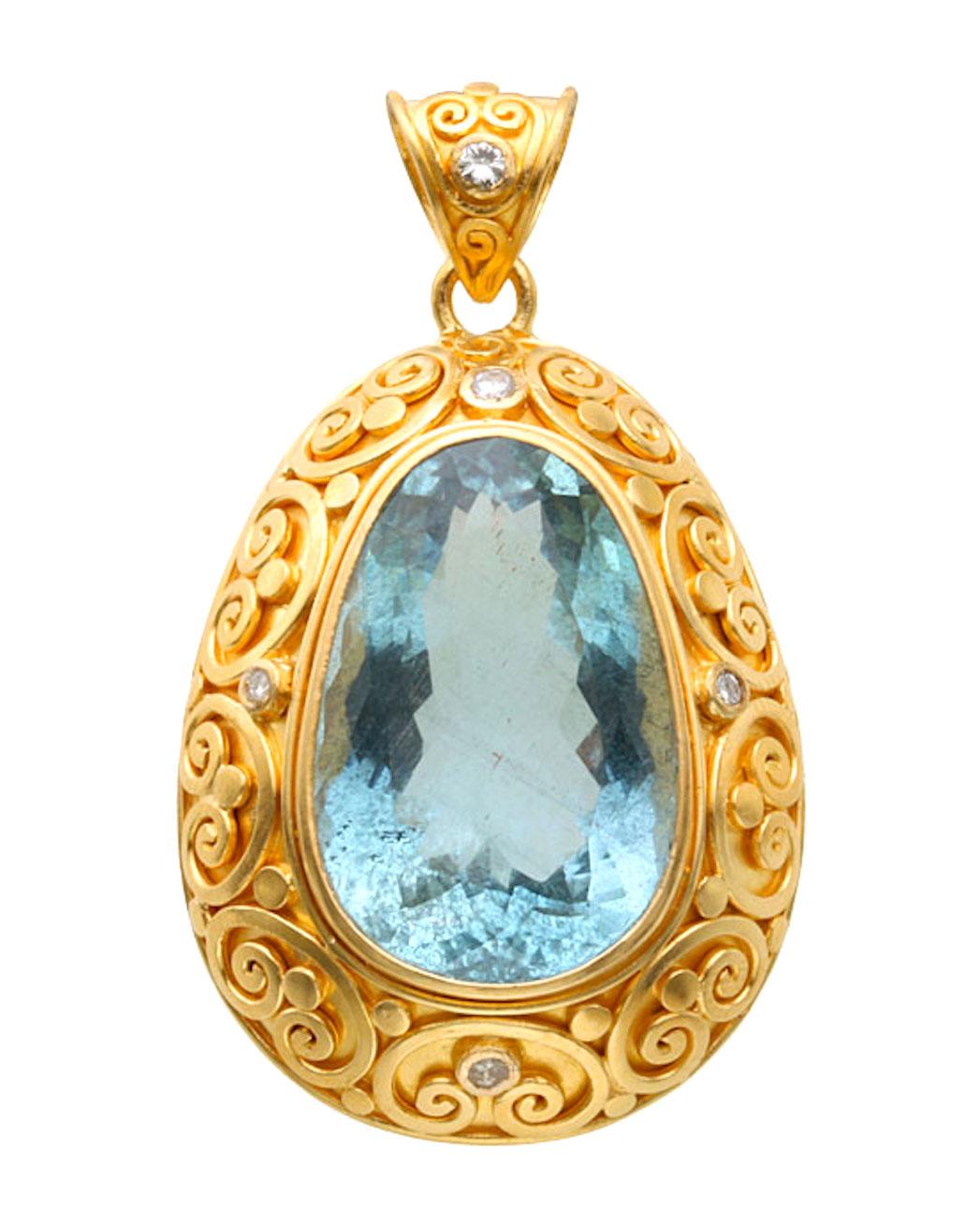 Contemporary Steven Battelle 17.7 Carats Aquamarine Diamonds 22K Gold Pendant For Sale
