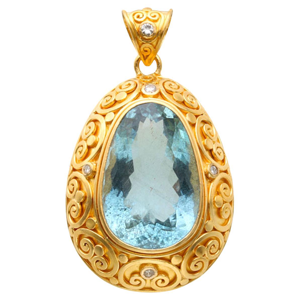 Steven Battelle 17.7 Carats Aquamarine Diamonds 22K Gold Pendant For Sale
