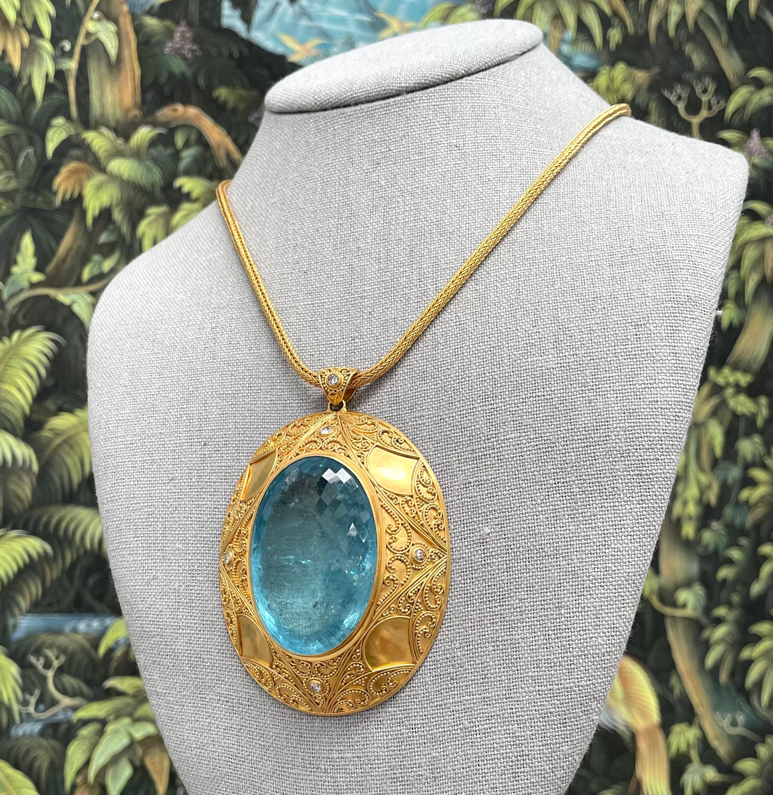 Steven Battelle Aigue-marine 182,3 carats Diamants Or granulé 22K  Pendentif en vente 6