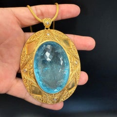 Steven Battelle 182.3 Carat Aquamarine Diamonds 22K Granulated Gold  Pendant