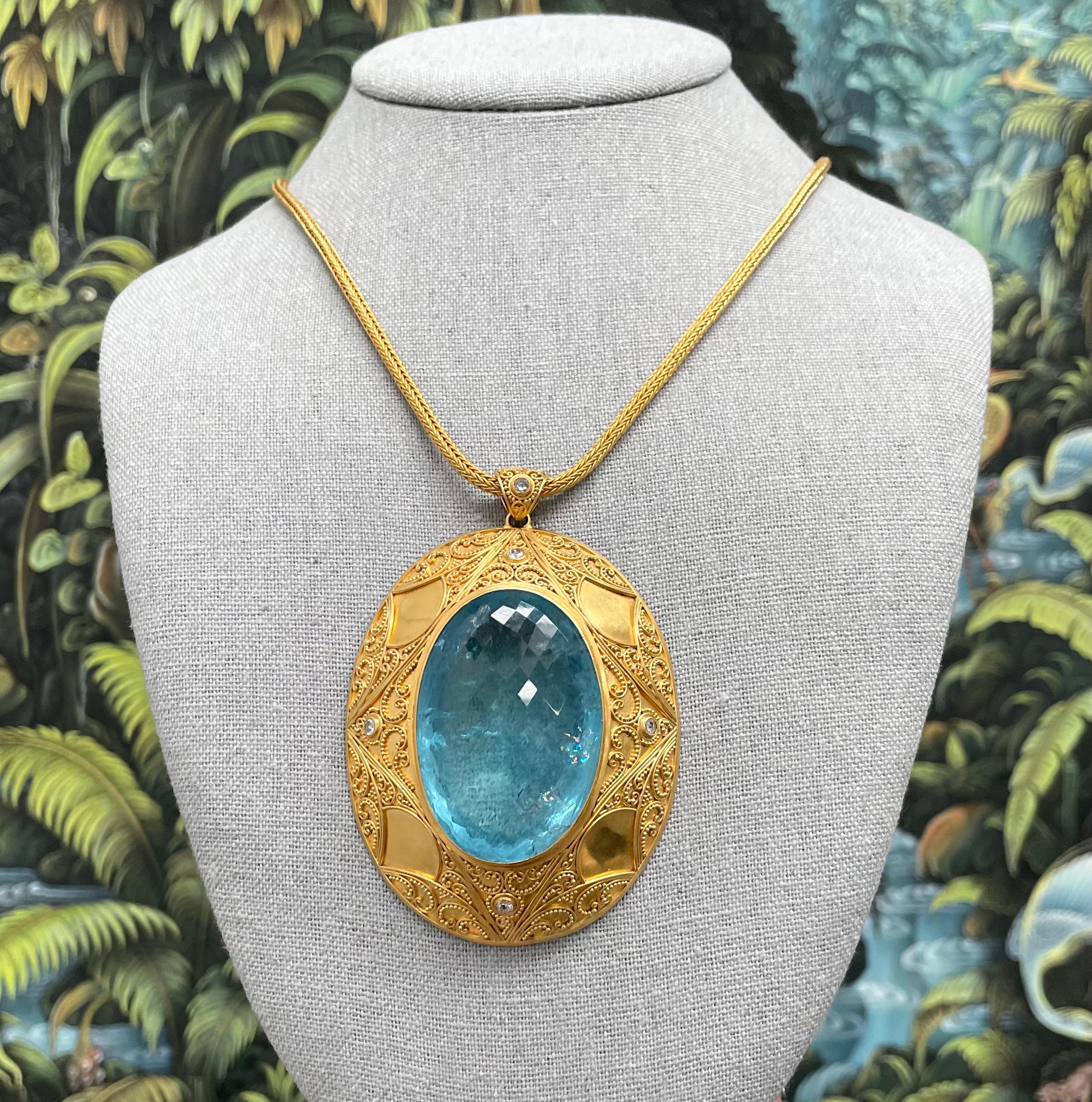 Steven Battelle Aigue-marine 182,3 carats Diamants Or granulé 22K  Pendentif Neuf - En vente à Soquel, CA