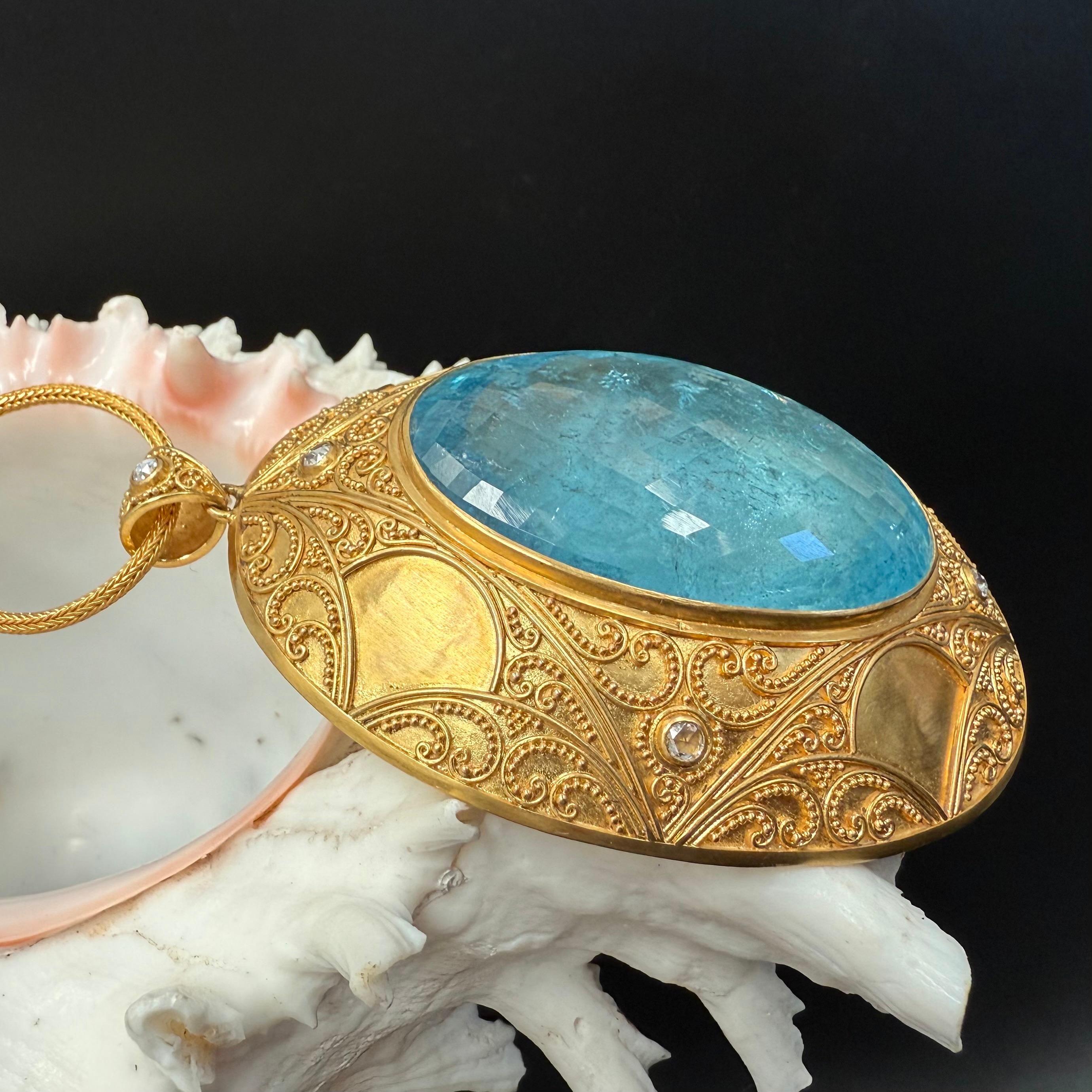Steven Battelle Aigue-marine 182,3 carats Diamants Or granulé 22K  Pendentif en vente 1