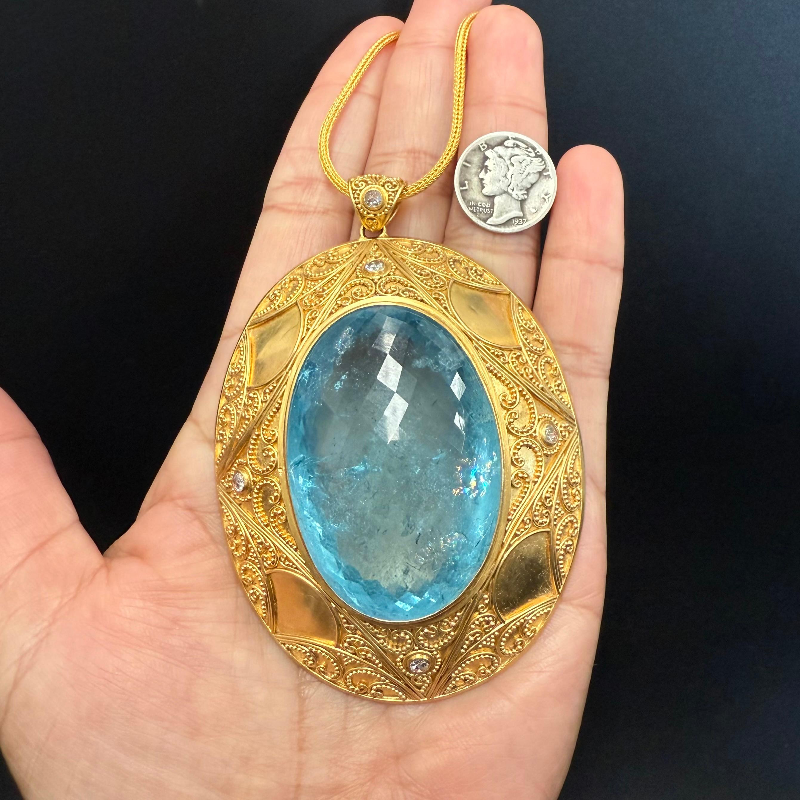 Steven Battelle Aigue-marine 182,3 carats Diamants Or granulé 22K  Pendentif en vente 3