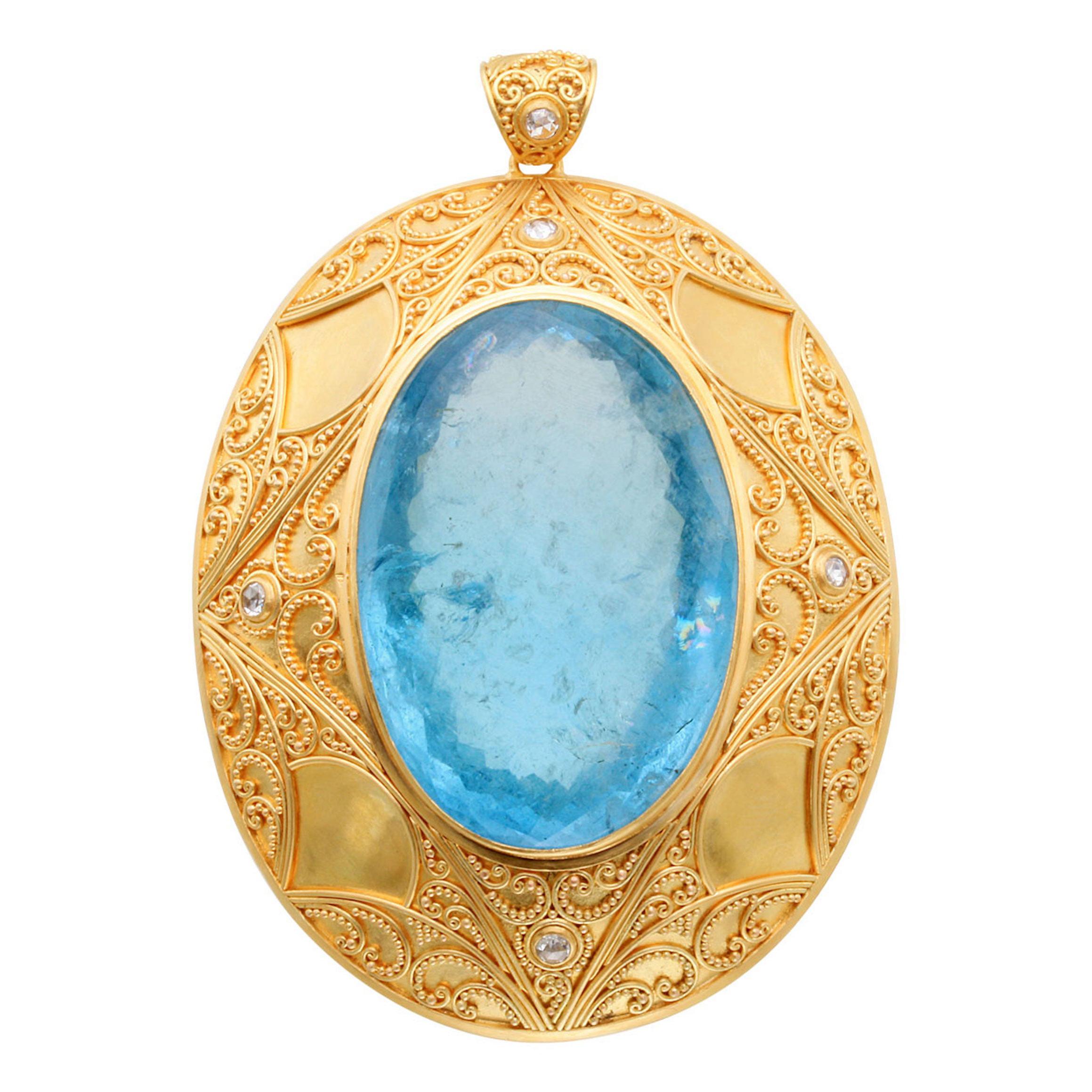 Steven Battelle 182,3 Quilates Diamantes Aguamarina Oro Granulado 22K  Colgante