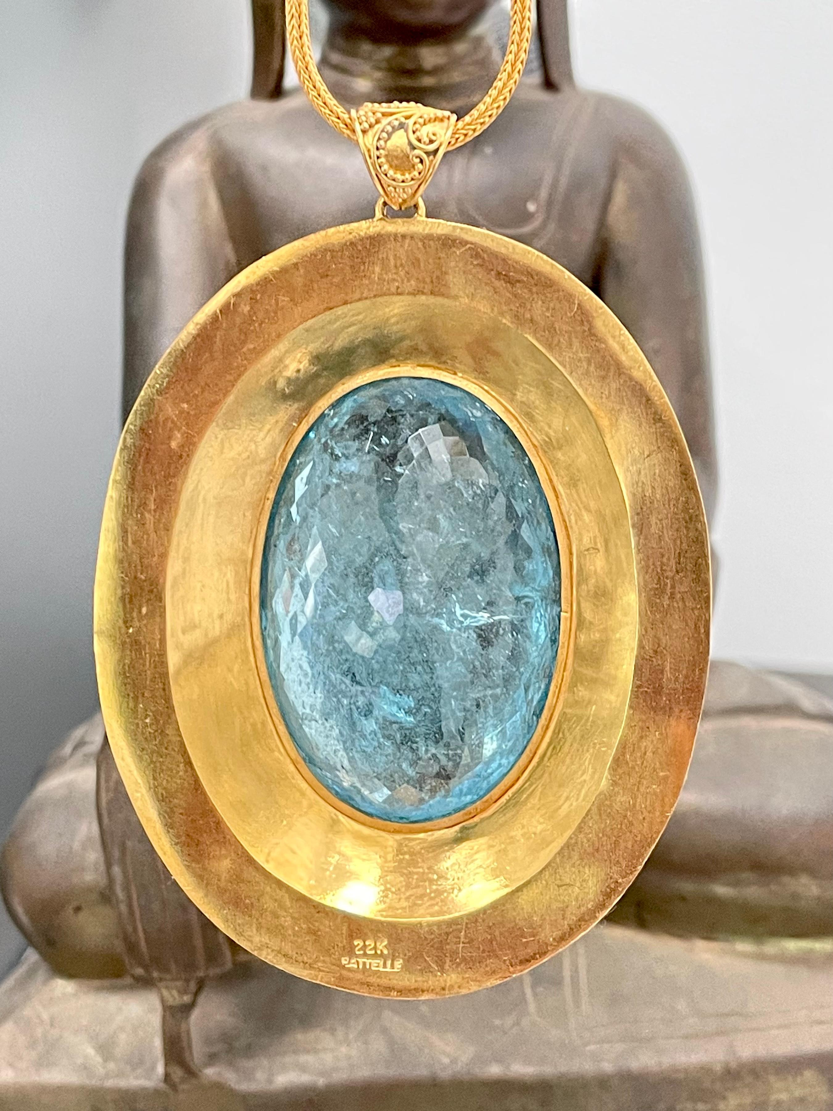 Steven Battelle 182.3 Carat Aquamarine Diamonds Pendant  22K Gold  For Sale 5