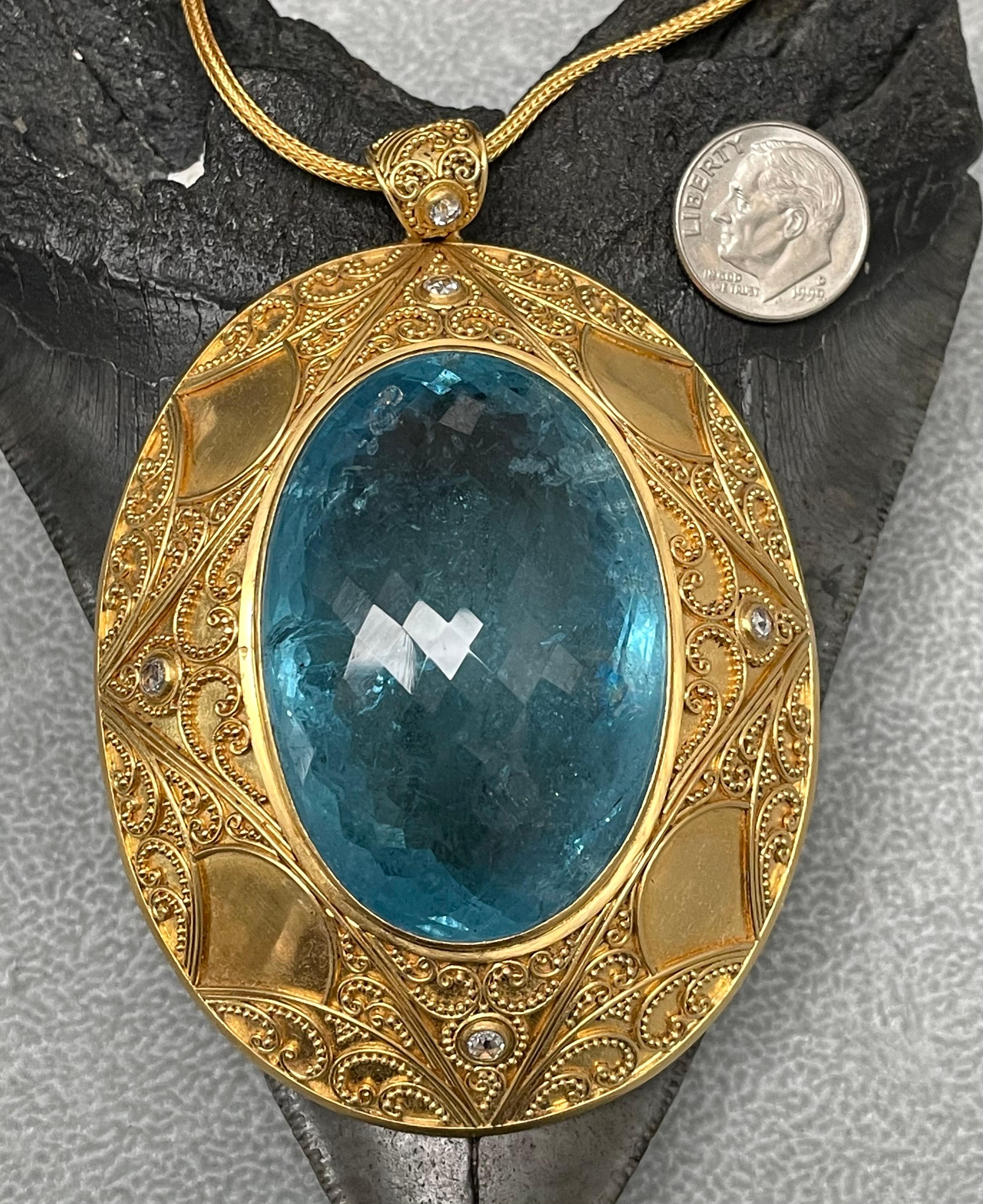 Women's Steven Battelle 182.3 Carat Aquamarine Diamonds Pendant  22K Gold  For Sale