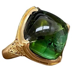 Used Steven Battelle 18.5 Carat Cushion Cabochon Green Tourmaline 18K Gold Ring