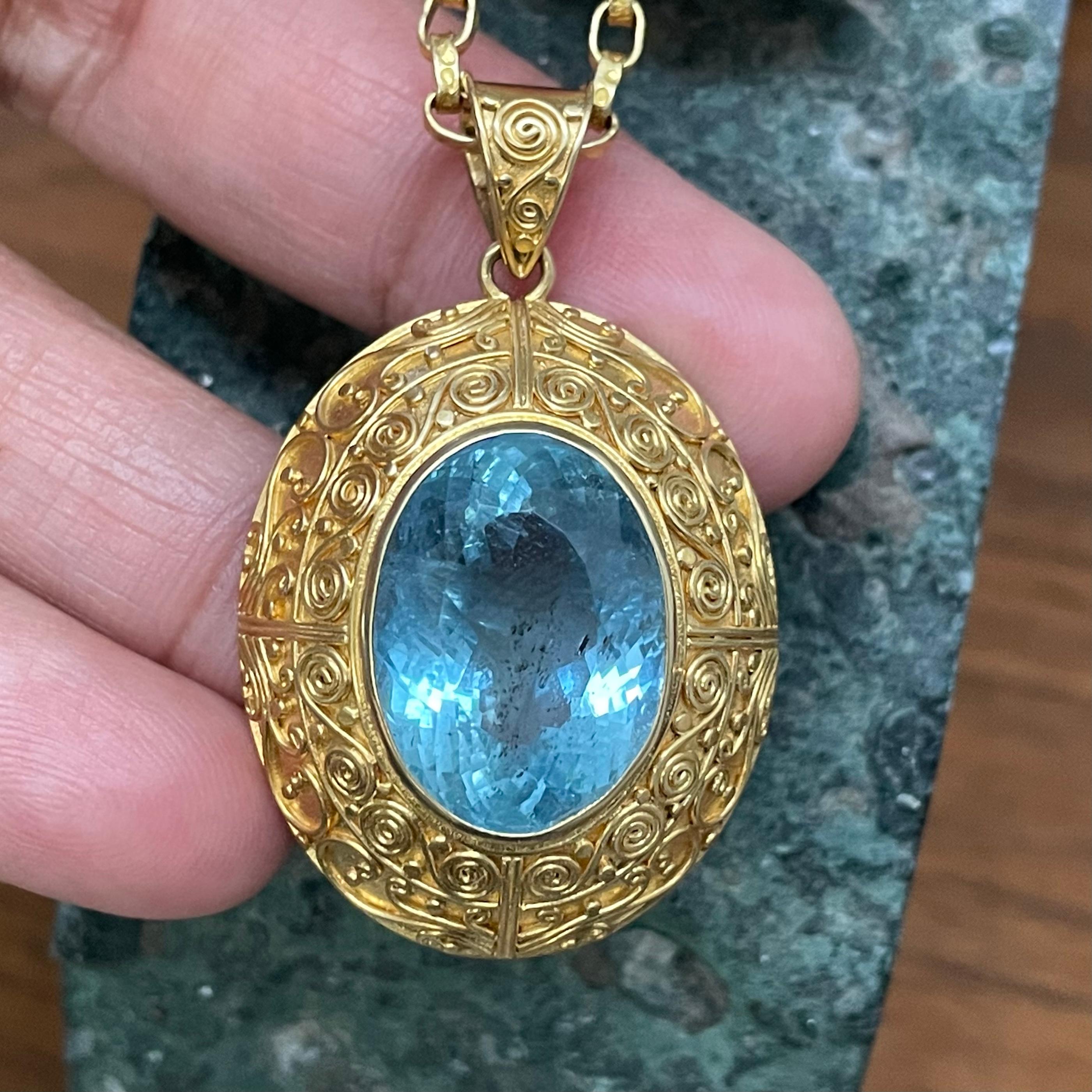 Contemporary Steven Battelle 18.5 Carats Faceted Aquamarine 18K Gold Pendant For Sale