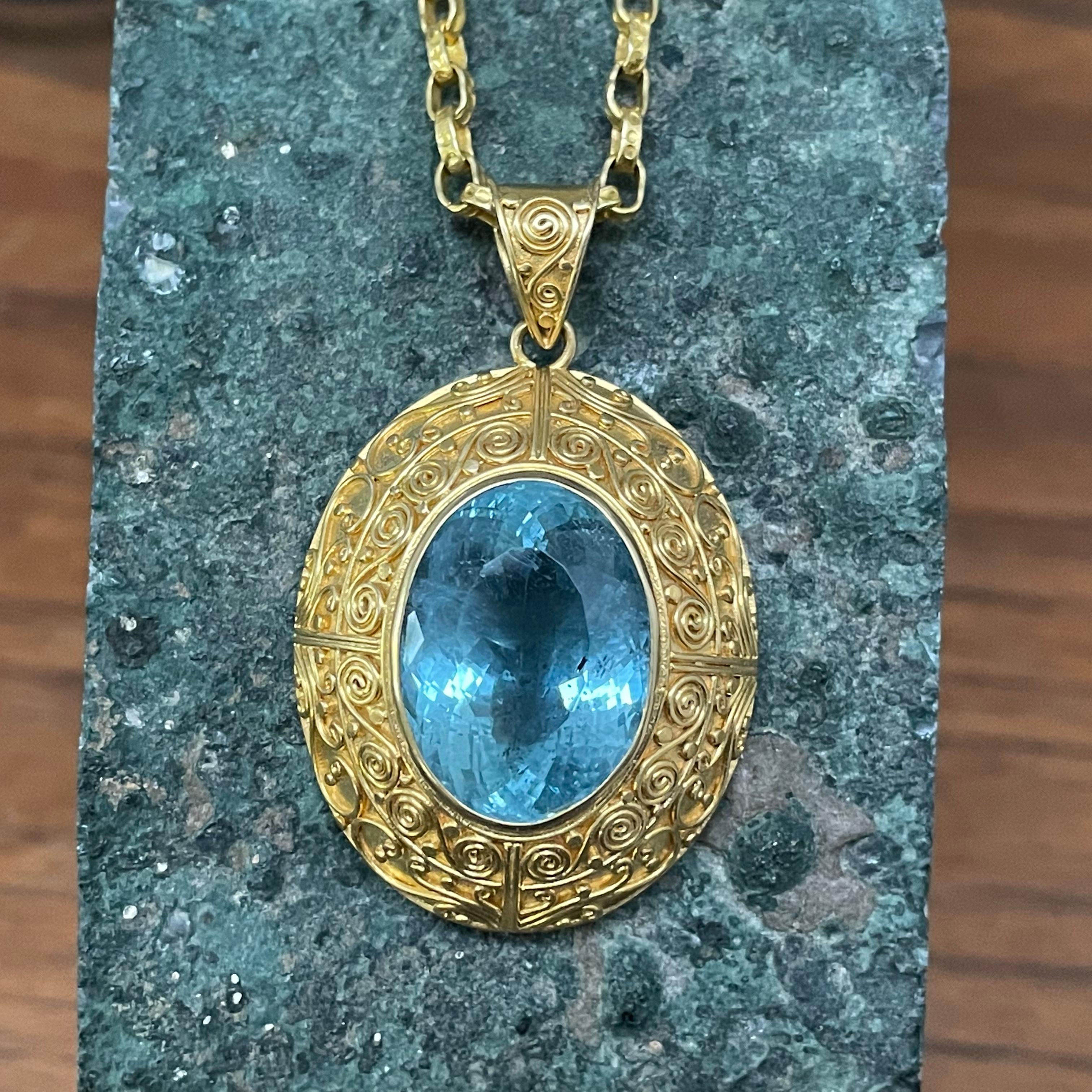 Oval Cut Steven Battelle 18.5 Carats Faceted Aquamarine 18K Gold Pendant For Sale