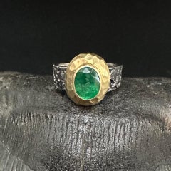 Steven Battelle 1.9 Carat Emerald Oxidized Sterling 18K Gold Ring