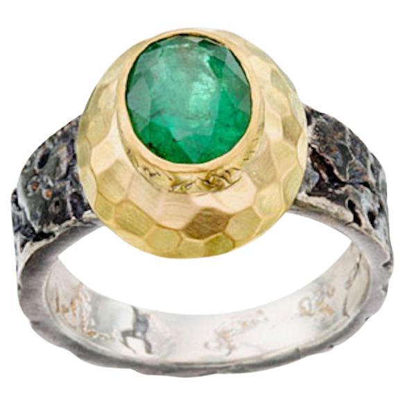 Steven Battelle 1.9 Carat Emerald Oxidized Sterling 18K Gold Ring