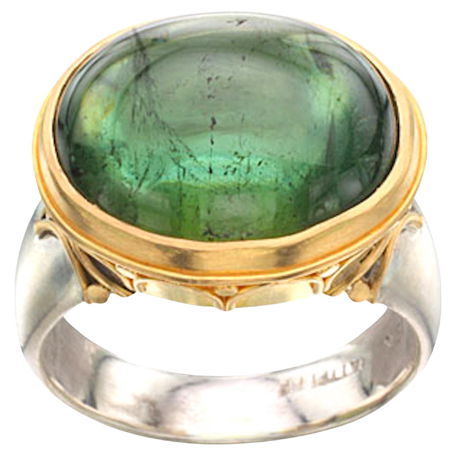 Steven Battelle 19.0 Carats Cabochon de Tourmaline Verte Sterling/18K Gold Ring