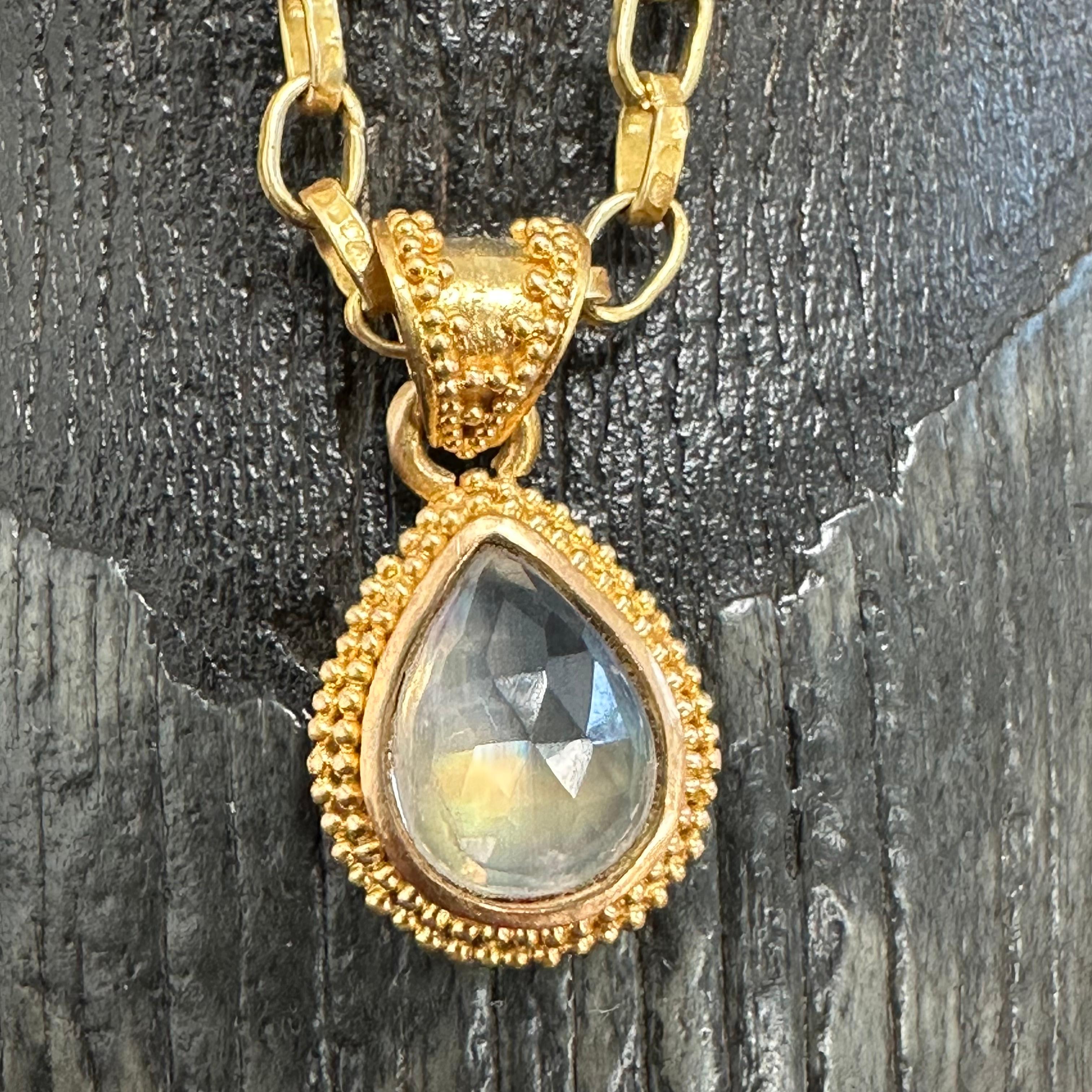 Contemporary 2.0 Carat Faceted Rainbow Moonstone 22k Granulated Gold Pendant  For Sale