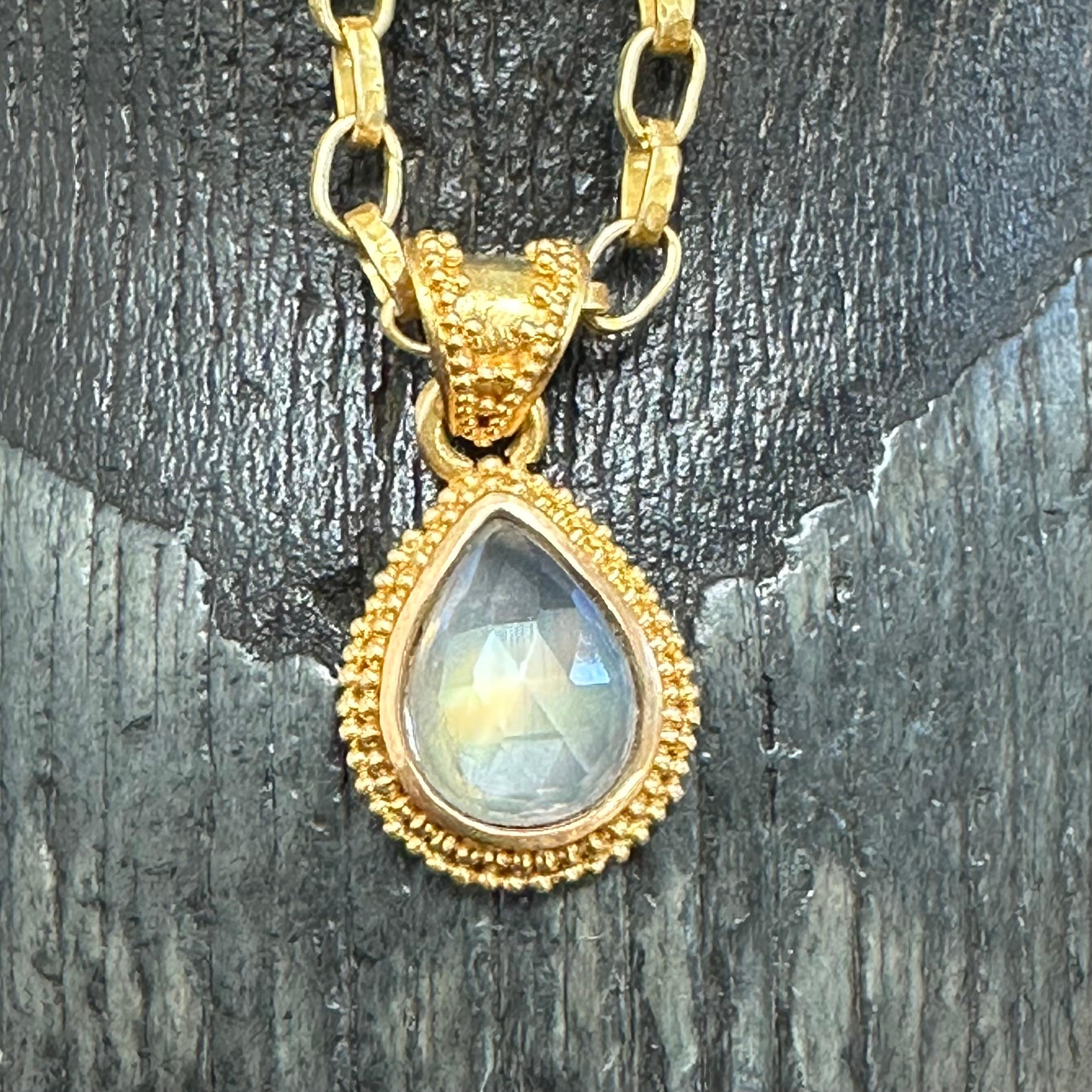 Women's or Men's 2.0 Carat Faceted Rainbow Moonstone 22k Granulated Gold Pendant  For Sale
