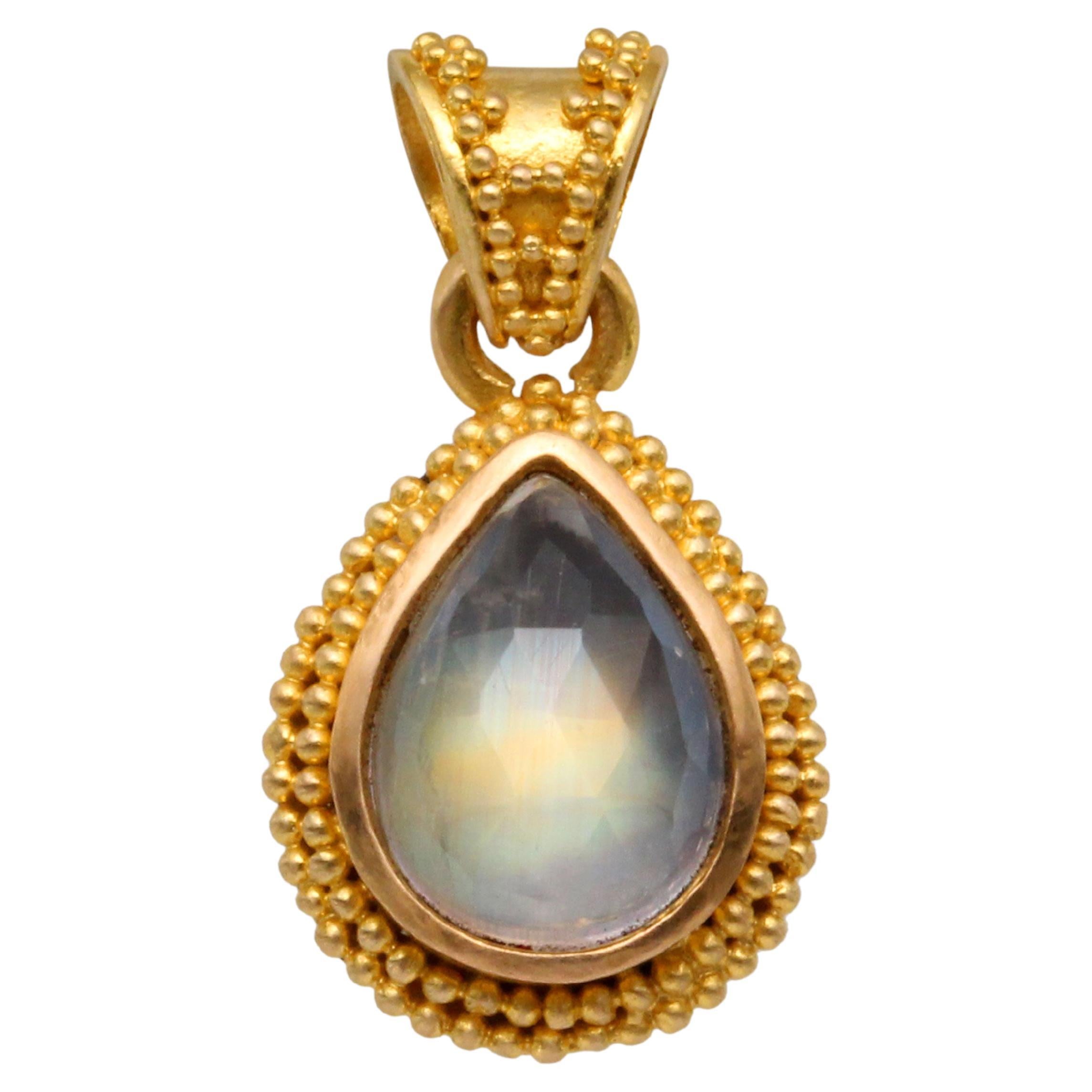 2.0 Carat Faceted Rainbow Moonstone 22k Granulated Gold Pendant 