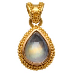 2.0 Carat Faceted Rainbow Moonstone 22k Granulated Gold Pendant 