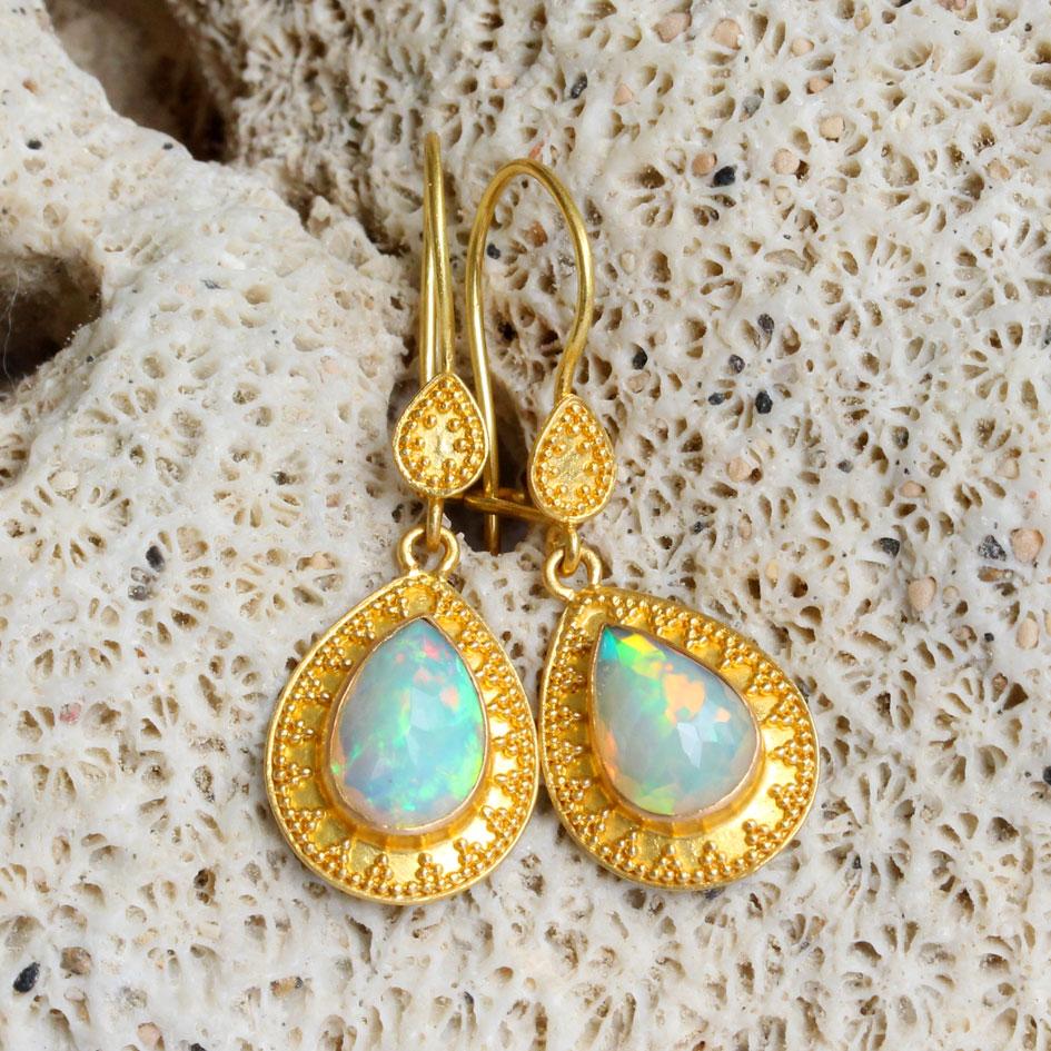Steven Battelle 2.0 Carats Ethiopian Opal 22K Gold Granulated Wire Earrings In New Condition For Sale In Soquel, CA