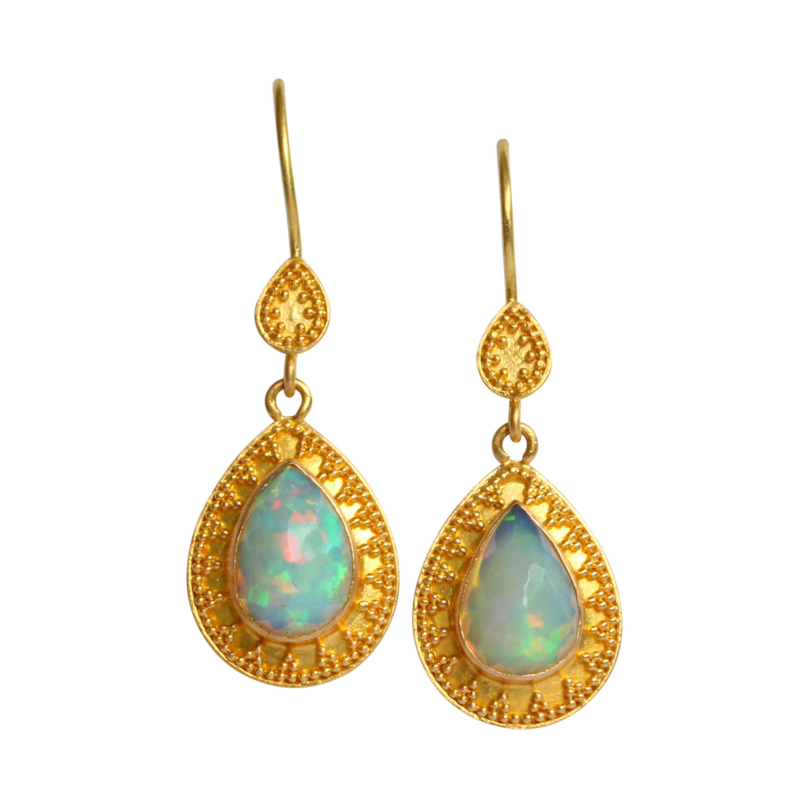 Women's Steven Battelle 2.0 Carats Ethiopian Opal 22K Gold Granulated Wire Earrings For Sale