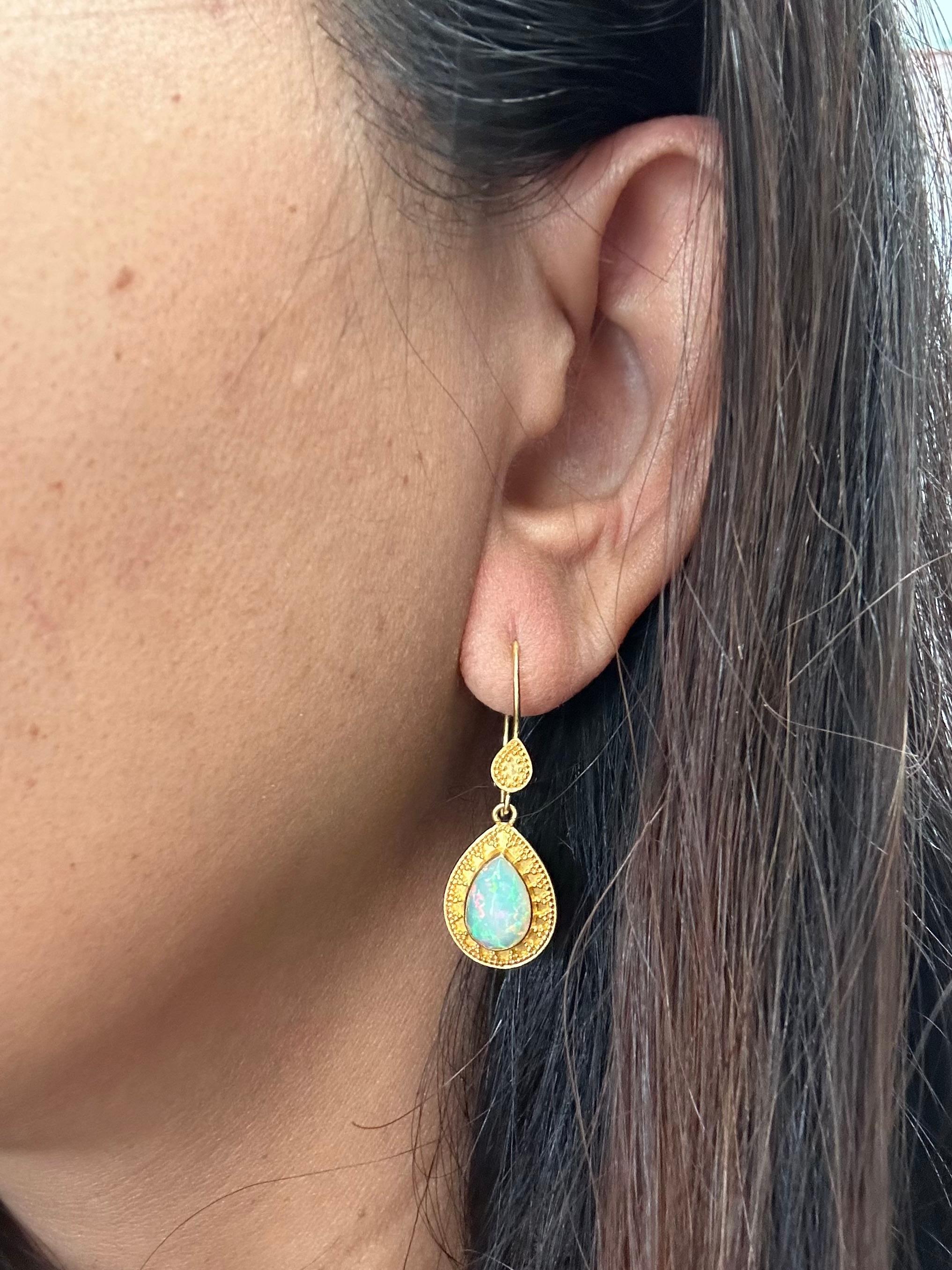 Steven Battelle 2.0 Carats Ethiopian Opal 22K Gold Granulated Wire Earrings For Sale 1