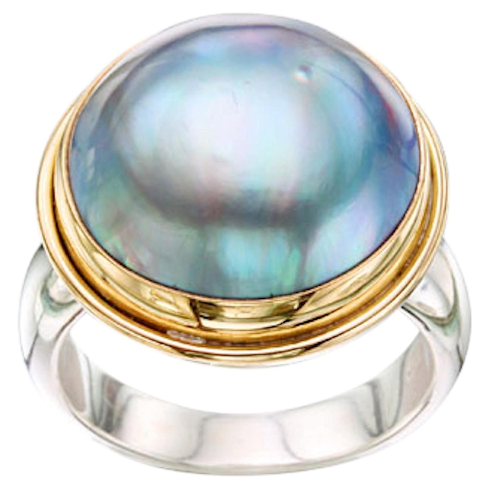 Steven Battelle 20 mm Black Mabe Shell 18K/sterling Ring For Sale