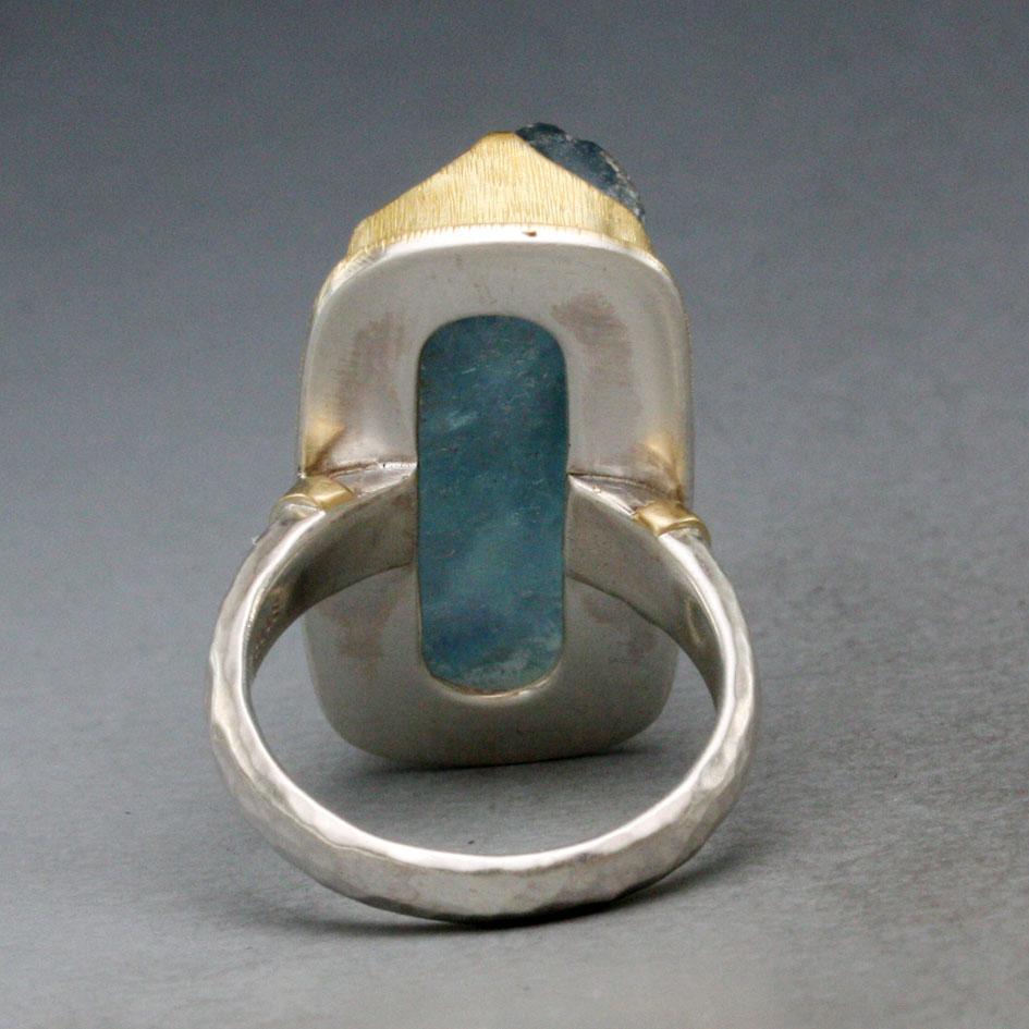 Mixed Cut Steven Battelle 20.1 Carats Natural Aquamarine Sterling Silver 18K Gold Ring For Sale