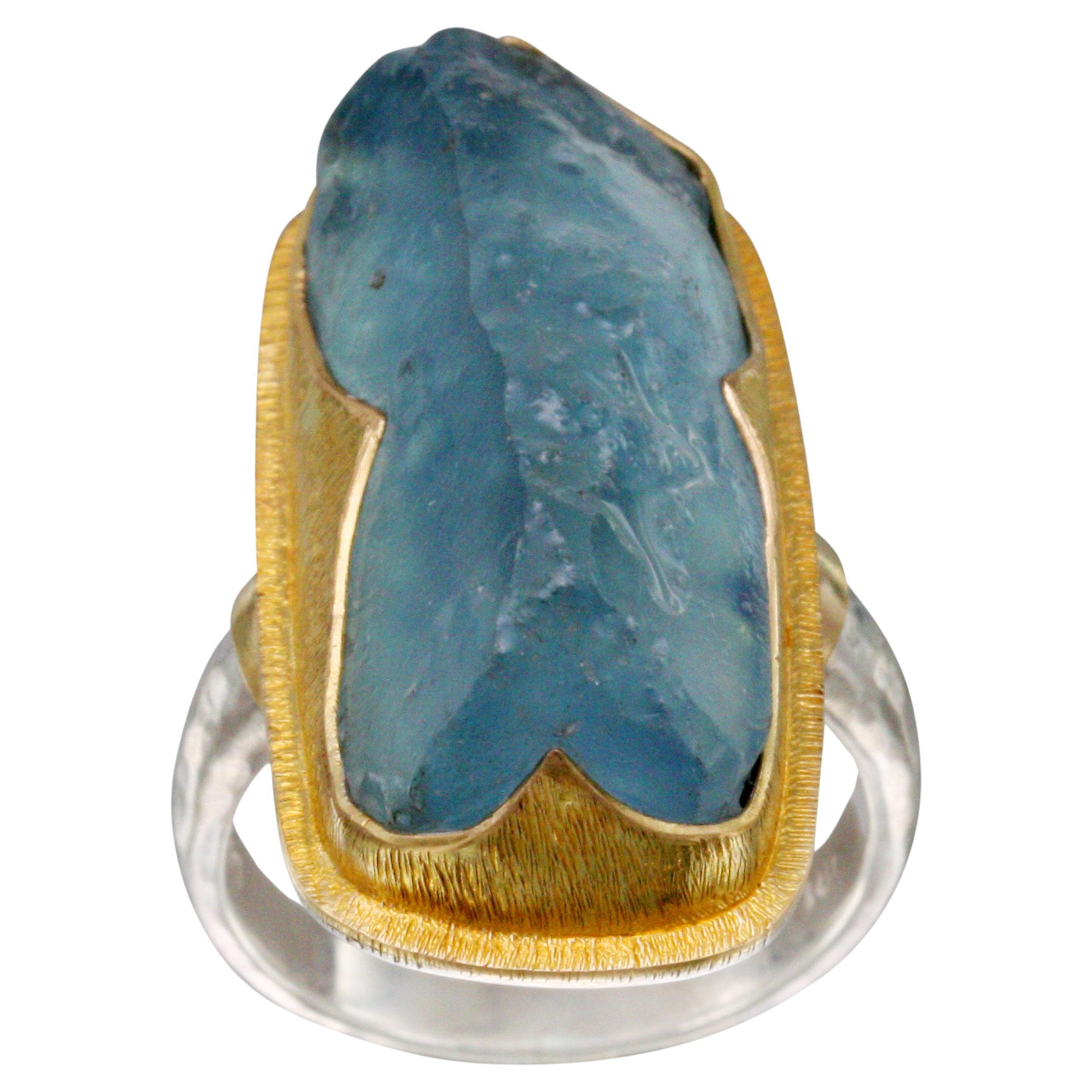 Steven Battelle 20.1 Carats Natural Aquamarine Sterling Silver 18K Gold Ring For Sale