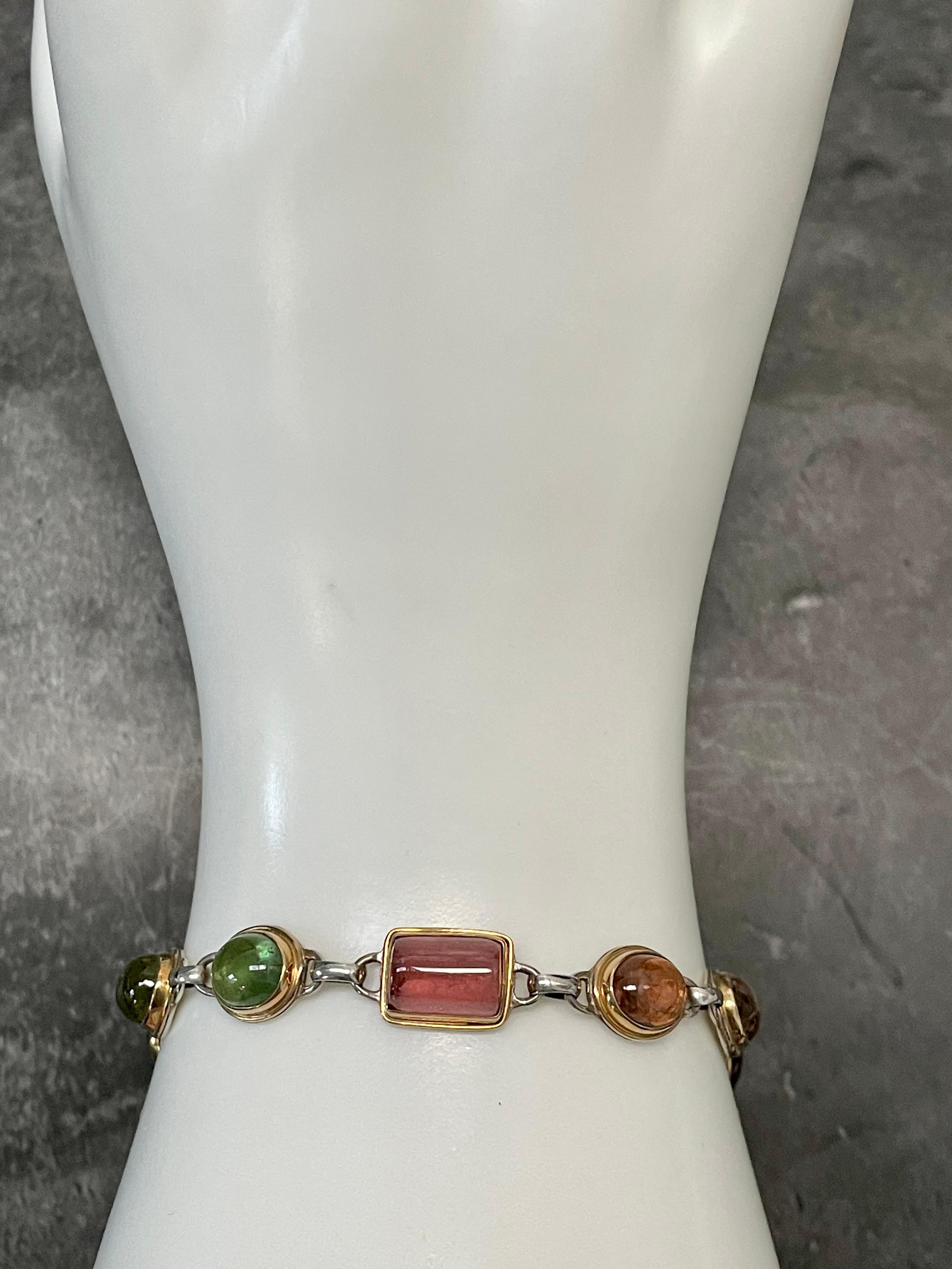 Contemporary Steven Battelle 20.2 Carat Mixed Tourmaline Silver and 18K Gold Bracelet For Sale