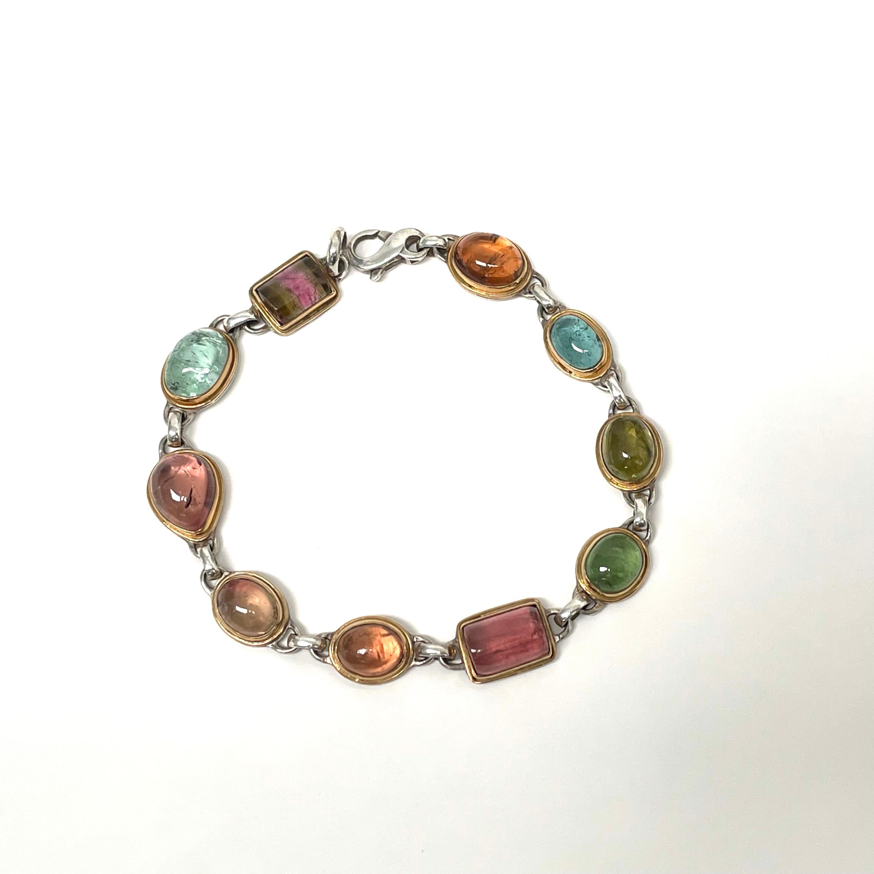 Steven Battelle 20.2 Carat Mixed Tourmaline Silver and 18K Gold Bracelet In New Condition For Sale In Soquel, CA