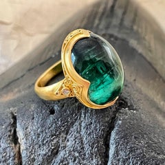 Steven Battelle 20.7 Carat Green Tourmaline Cabochon Diamonds 22K Gold Ring