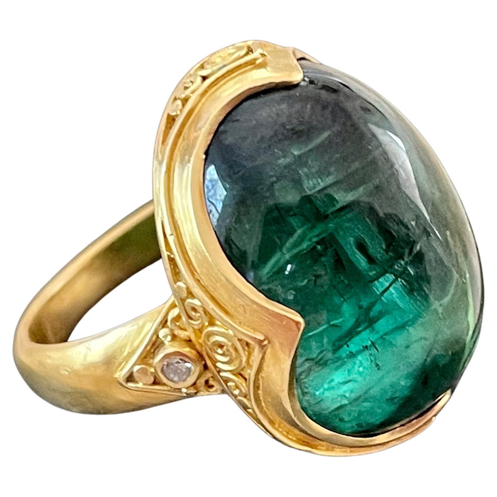 Steven Battelle 20.7 Carat Green Tourmaline Cabochon Diamonds 22K Gold Ring For Sale