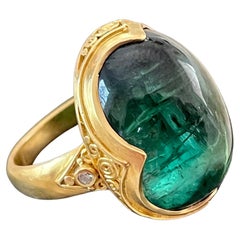 Retro Steven Battelle 20.7 Carat Green Tourmaline Cabochon Diamonds 22K Gold Ring