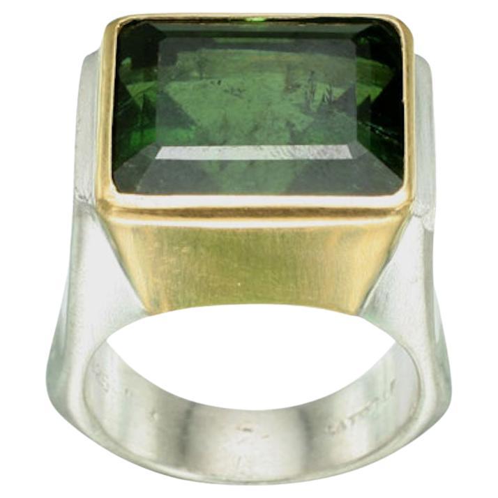 Steven Battelle 21.8 Carats Green Tourmaline Sterling Silver 18K Gold Ring For Sale