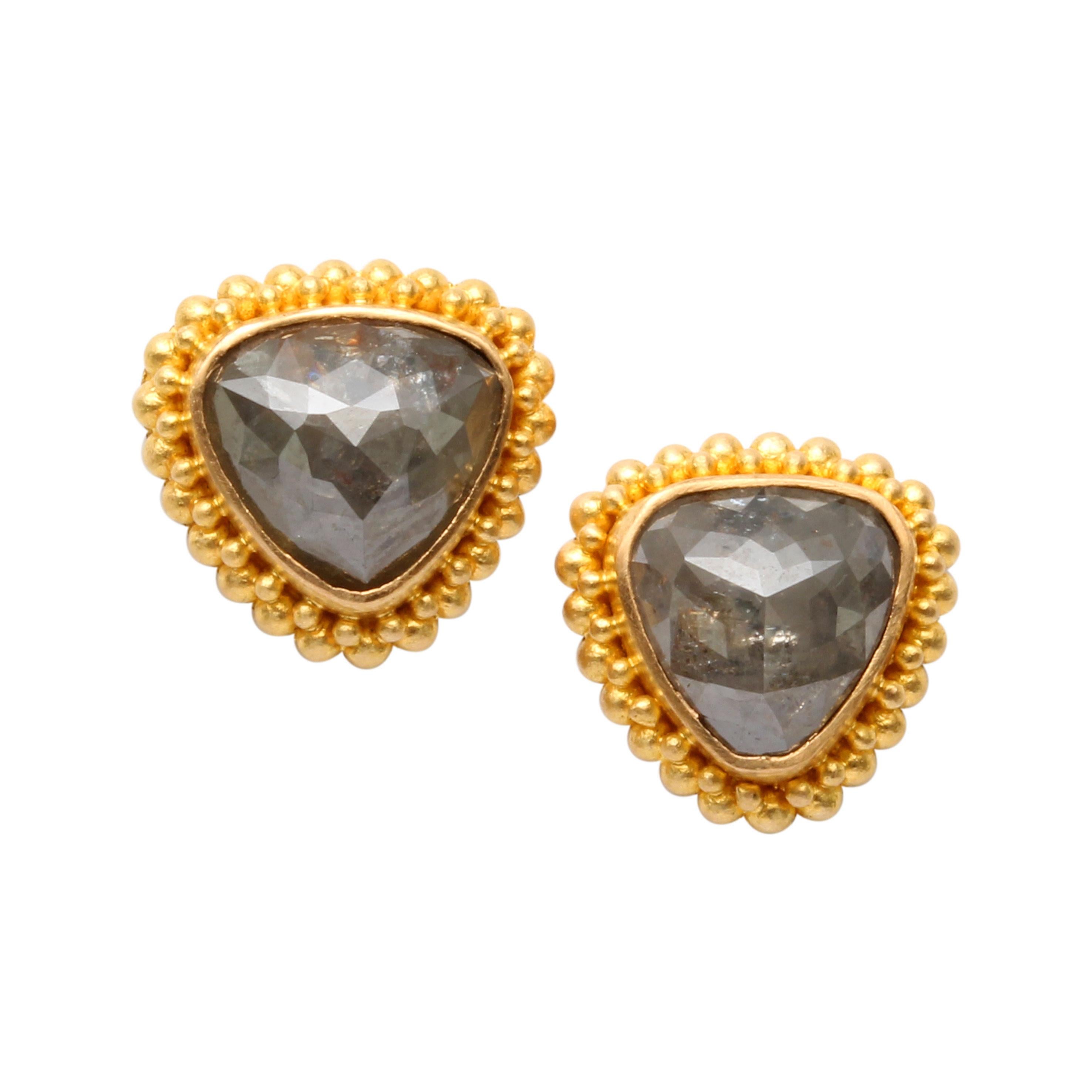 Steven Battelle 2.2 Carats Trillium Rose-Cut Diamonds 22K Gold Post Earrings For Sale 2