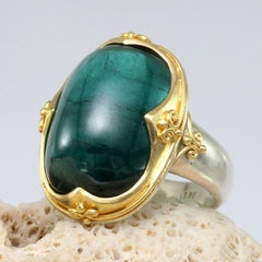 Steven Battelle 22.5 Carats Cabochon Green Tourmaline Sterling 18K Gold Ring