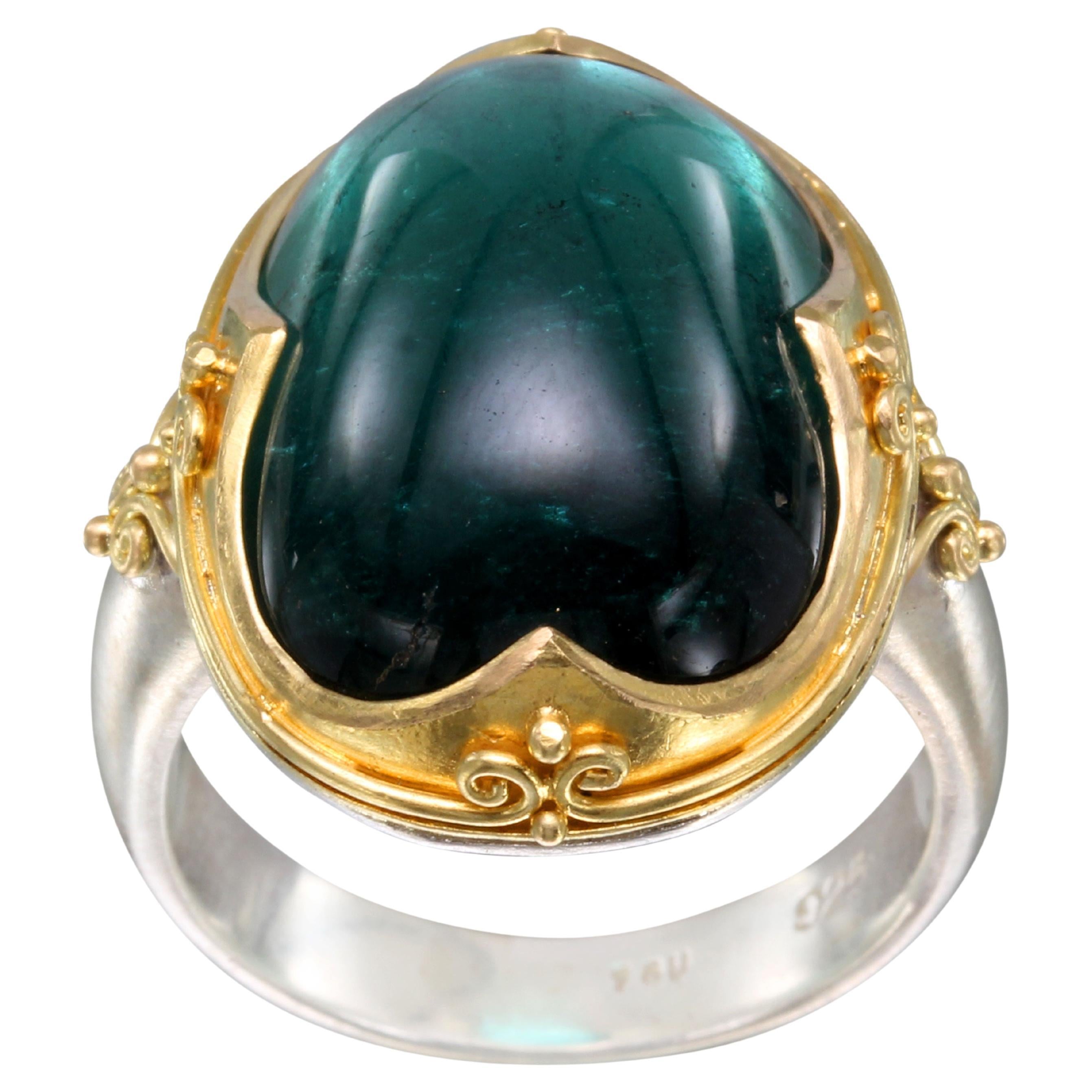 Steven Battelle 22,5 Karat Cabochon Grüner Turmalin Sterling 18K Gold Ring mit Cabochon