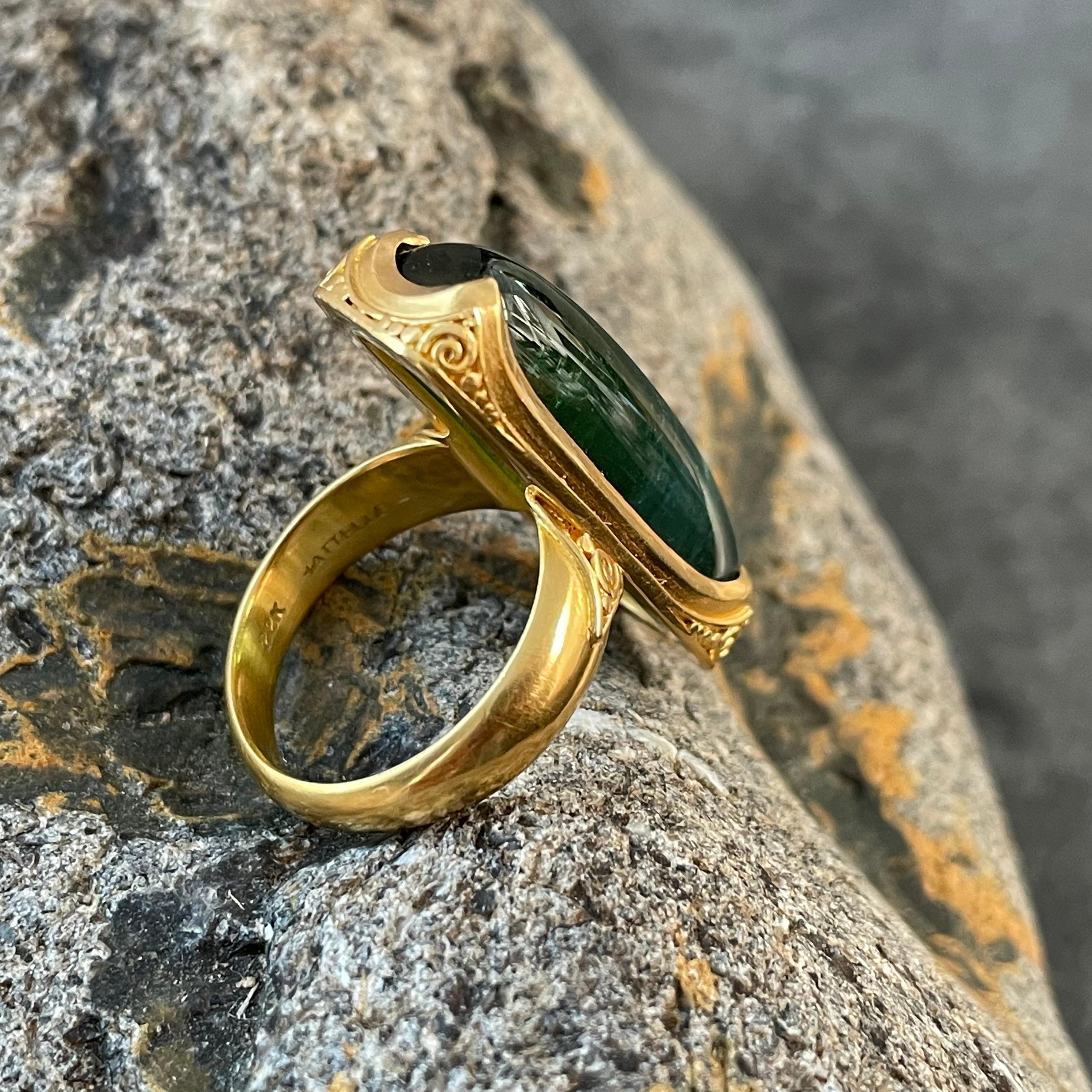 Steven Battelle 22.9 Carats Cabochon Green Tourmaline 22K Gold Ring For Sale 1