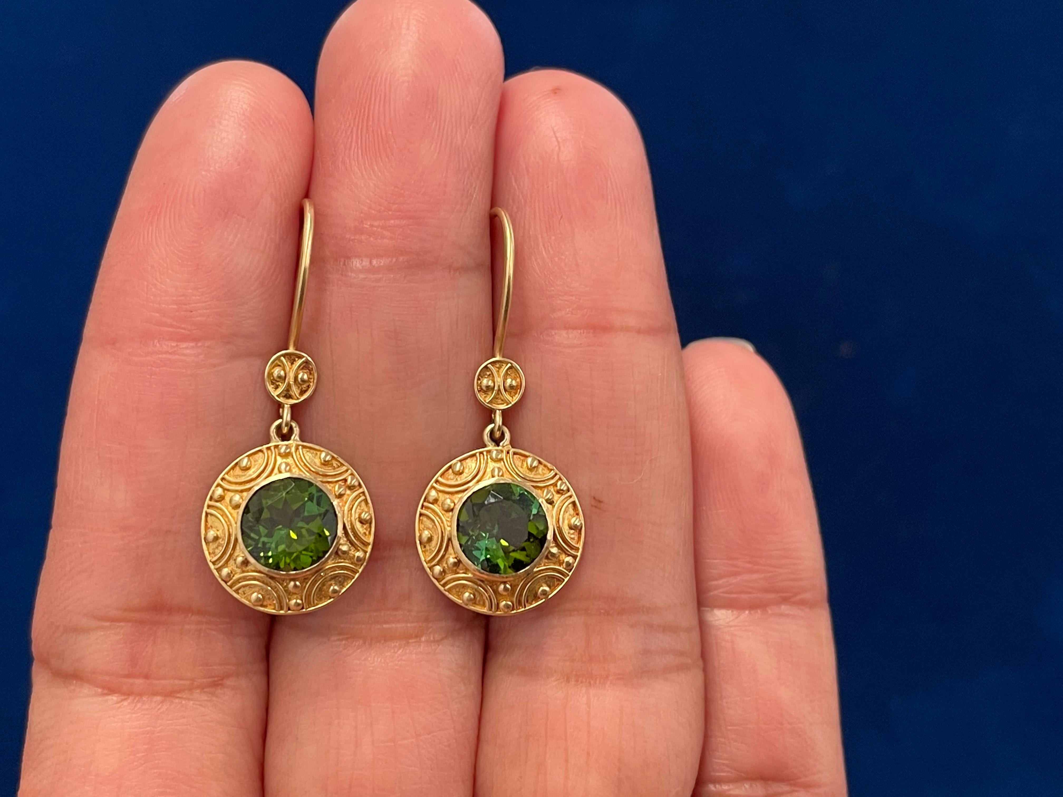 Round Cut Steven Battelle 2.3 Carat Tourmaline Drop Earrings 18k Gold For Sale