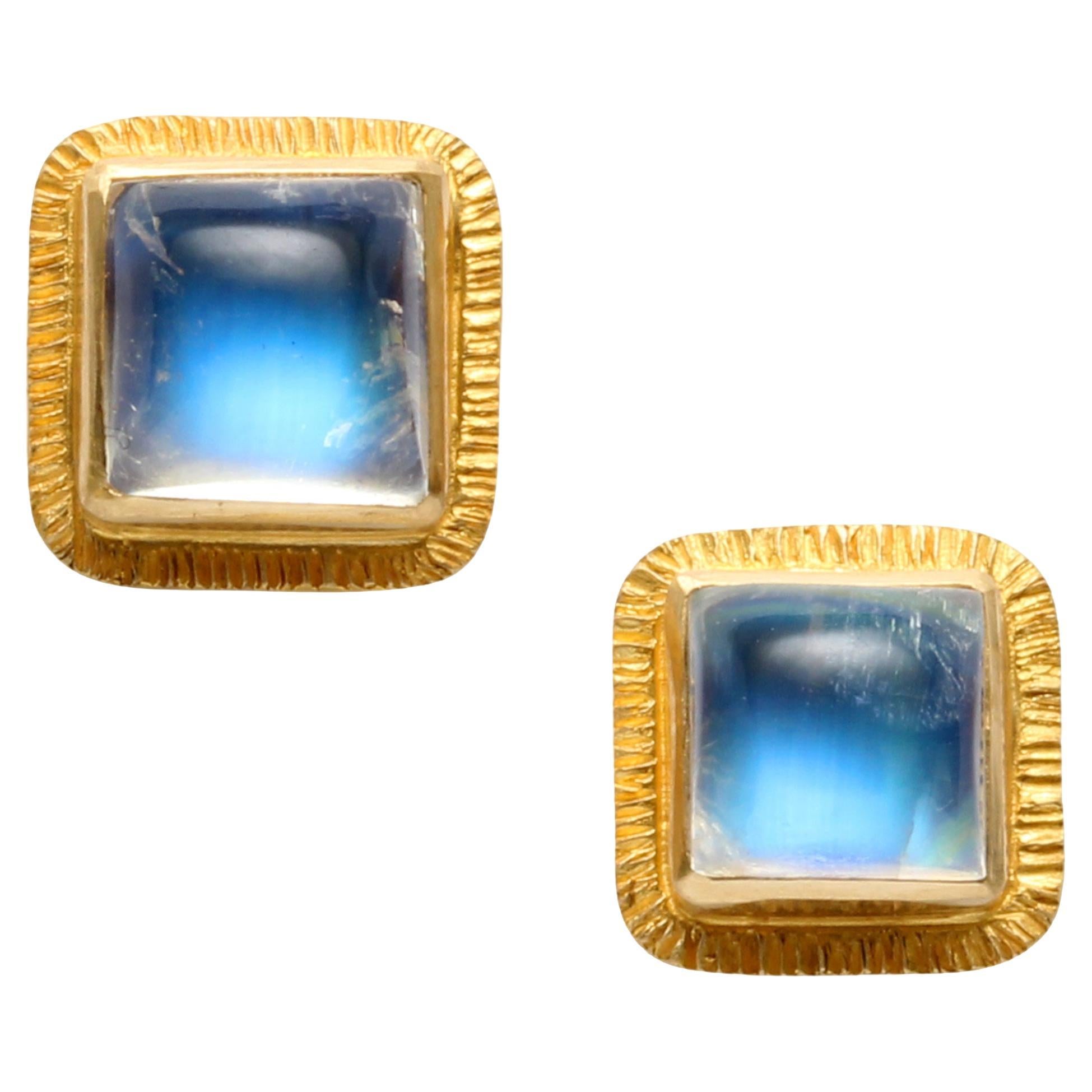 Steven Battelle 2.3 Carats Rainbow Moonstone 18K Gold Post Earrings For Sale