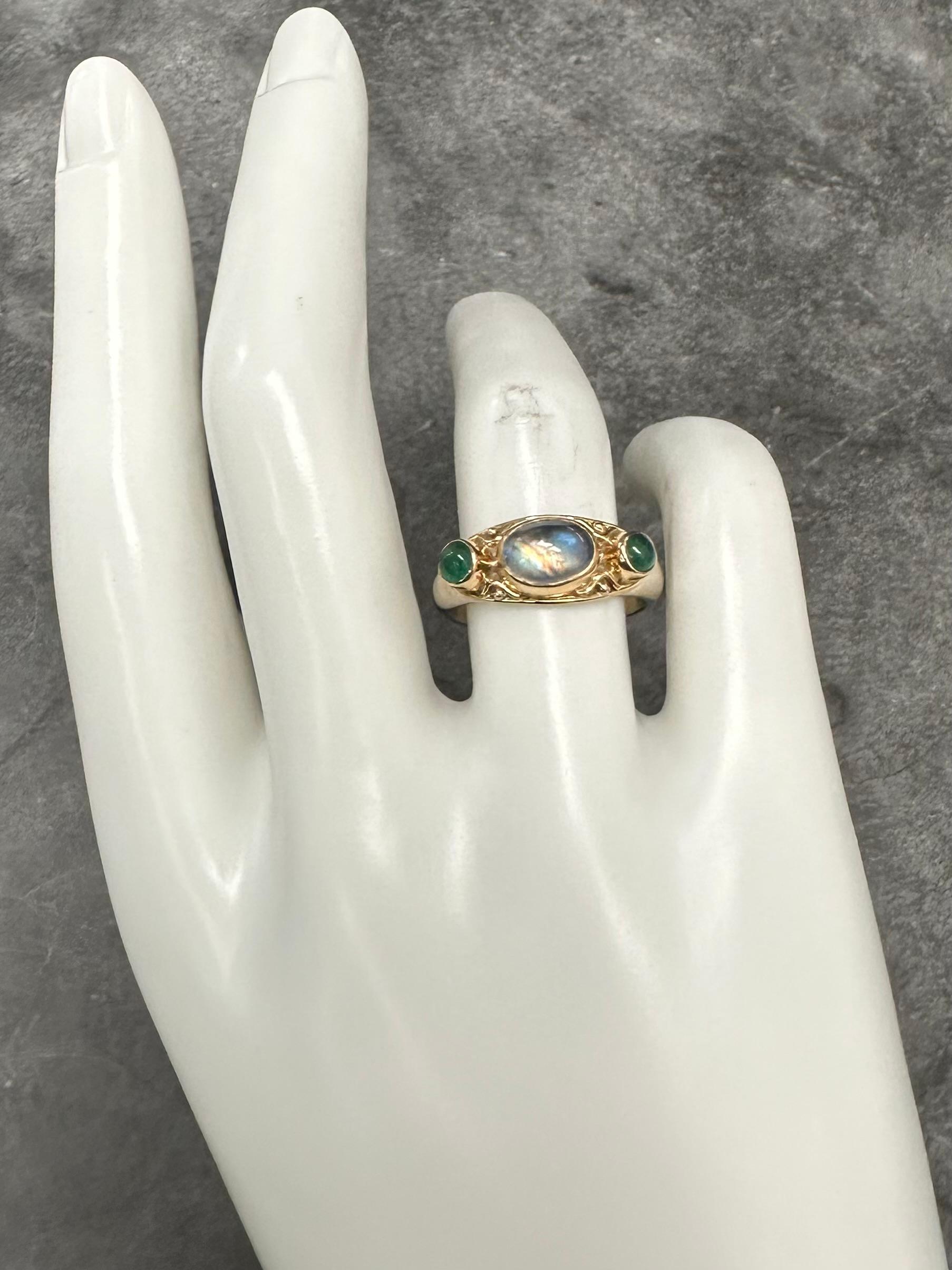 Steven Battelle 2.3 Carats Rainbow Moonstone Emerald Sterling 18K Gold Ring For Sale 8