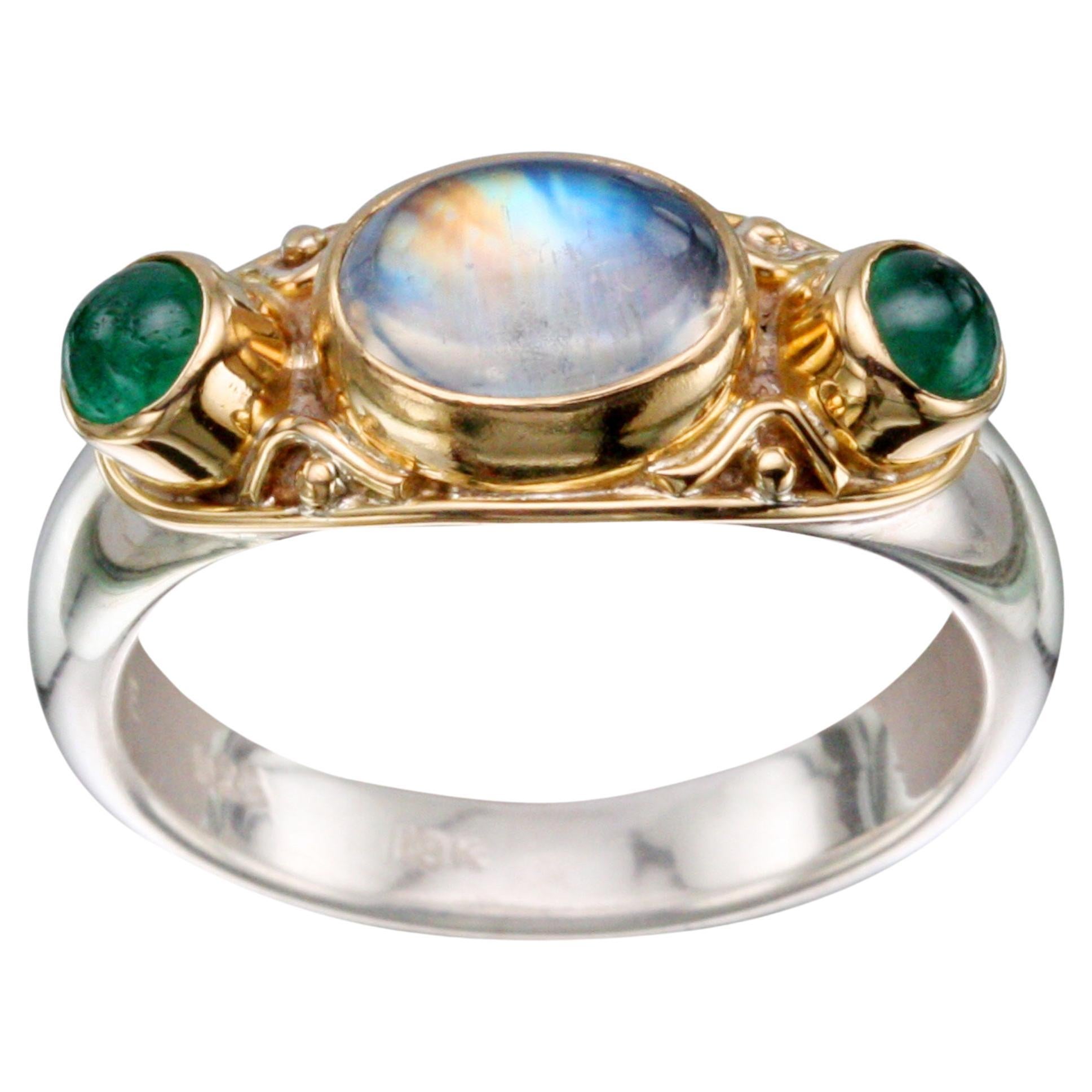 Steven Battelle 2.3 Carats Rainbow Moonstone Emerald Sterling 18K Gold Ring For Sale