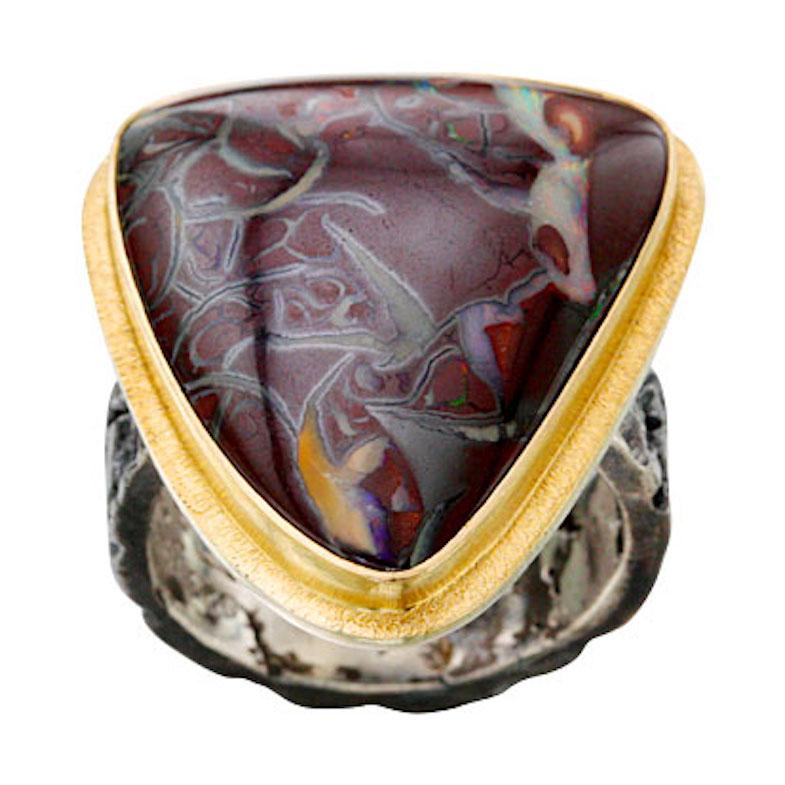 Women's or Men's Steven Battelle 23.3 Carats Koroit Boulder Opal Oxidized Sterling 18K Gold Ring For Sale